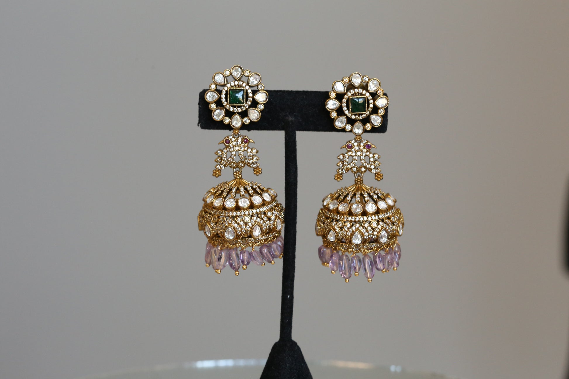 Mehndi Polish Moissanite CZ Jhumka -Real Amethyst Drops