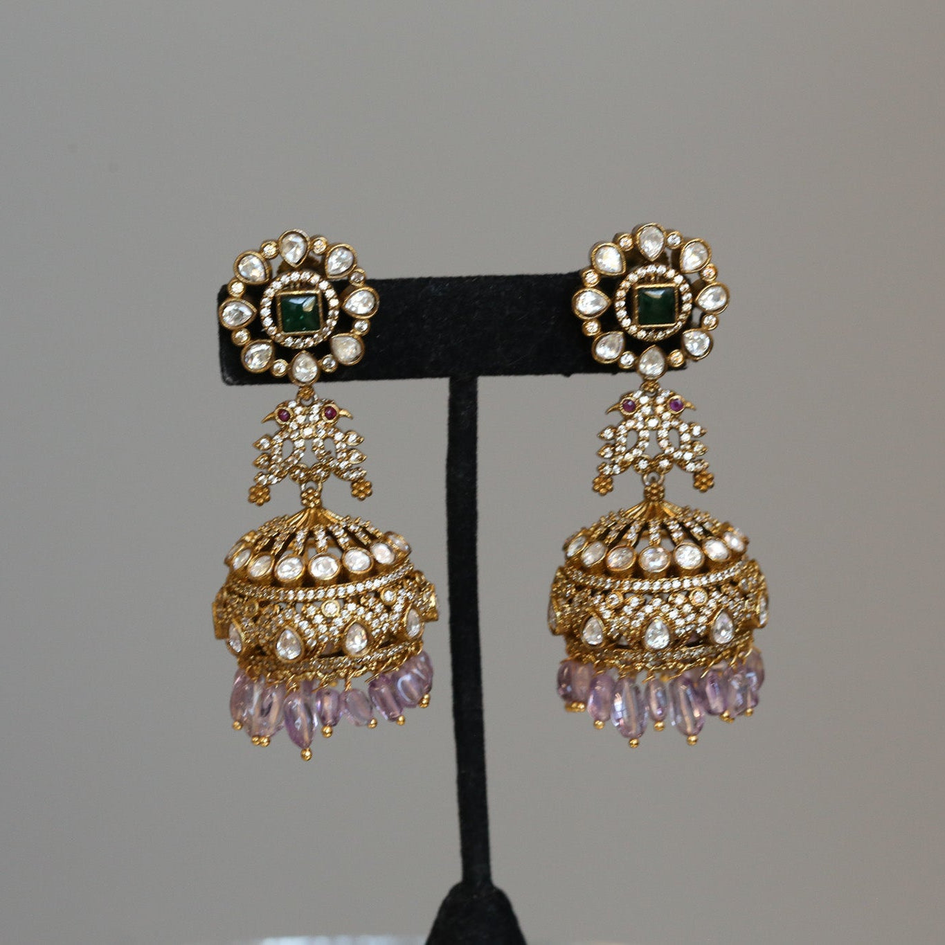 Mehndi Polish Moissanite CZ Jhumka -Real Amethyst Drops