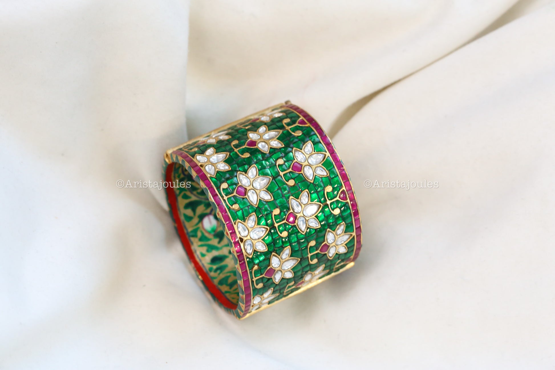Premium Zara Takkar Kundan Cuff Bangle - Green