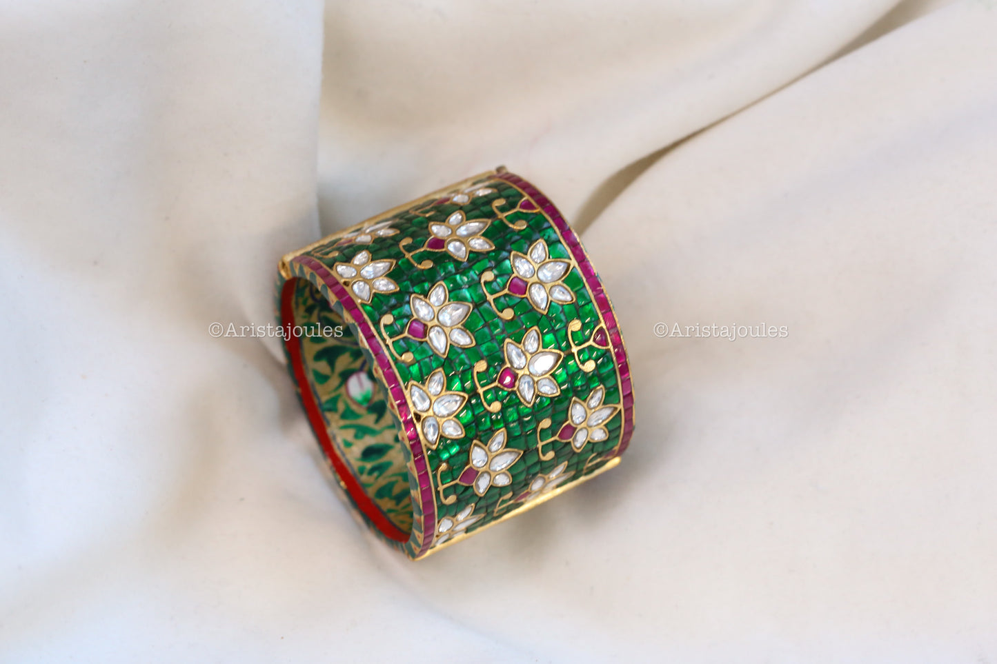 Premium Zara Takkar Kundan Cuff Bangle - Green