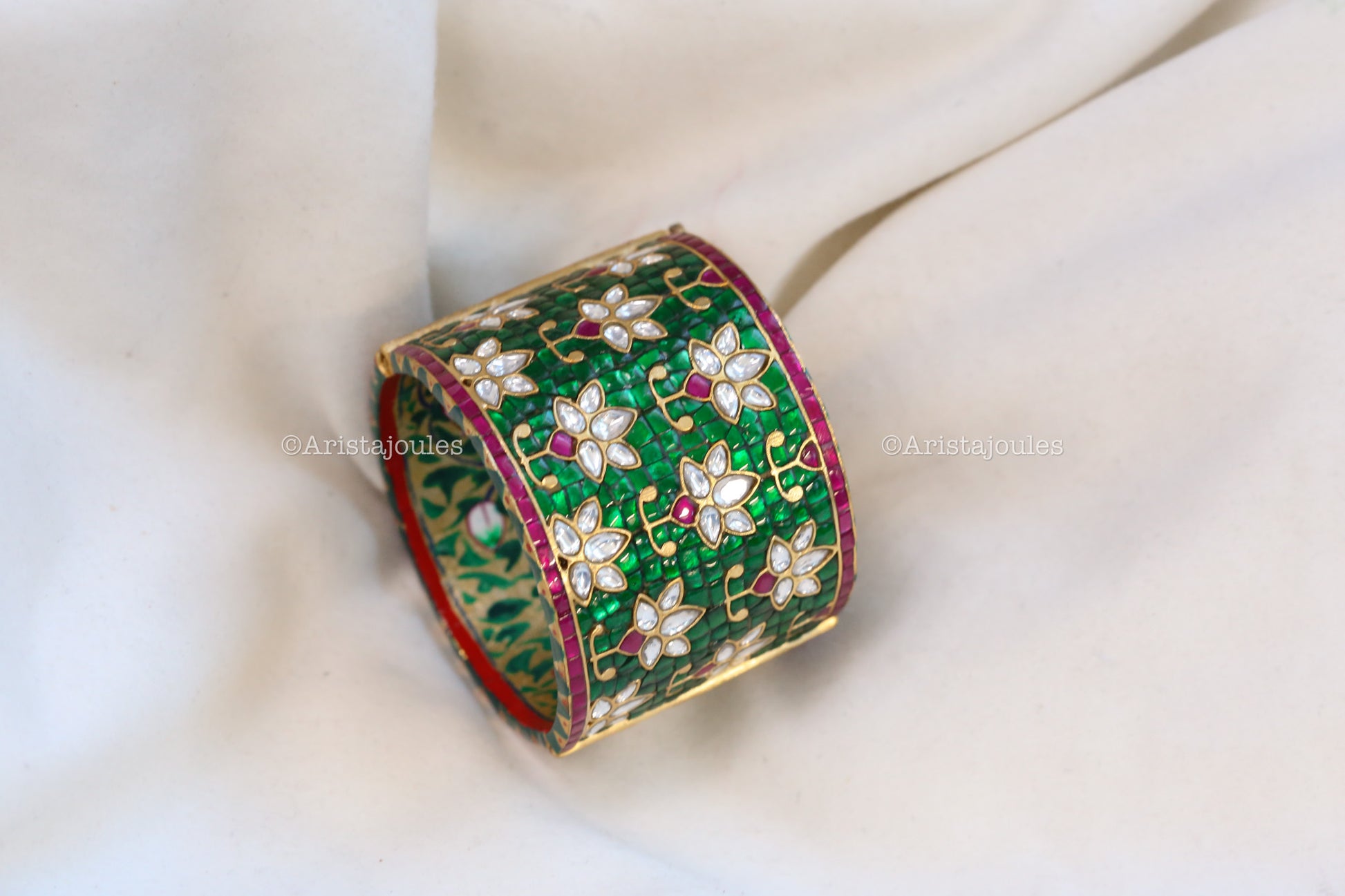 Premium Zara Takkar Kundan Cuff Bangle - Green