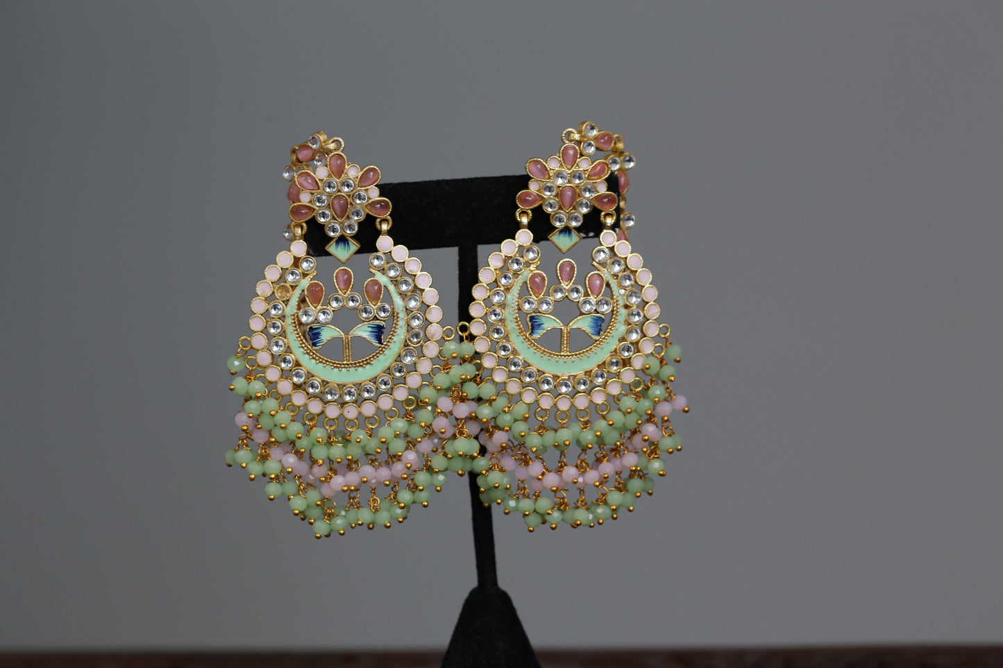 Meenakari Polki Kundan Chandbaali With Earchain & Tika