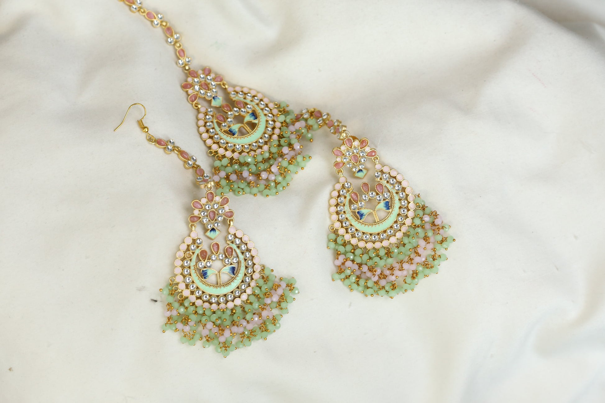 Meenakari Polki Kundan Chandbaali With Earchain & Tika
