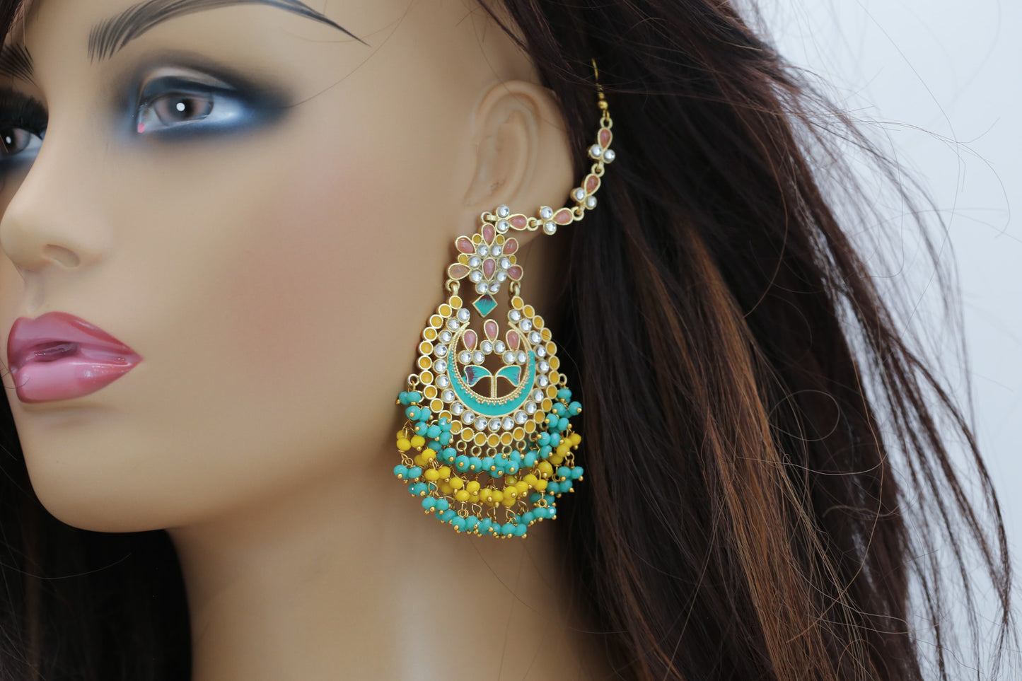 Meenakari Polki Kundan Chandbaali With Earchain & Tika