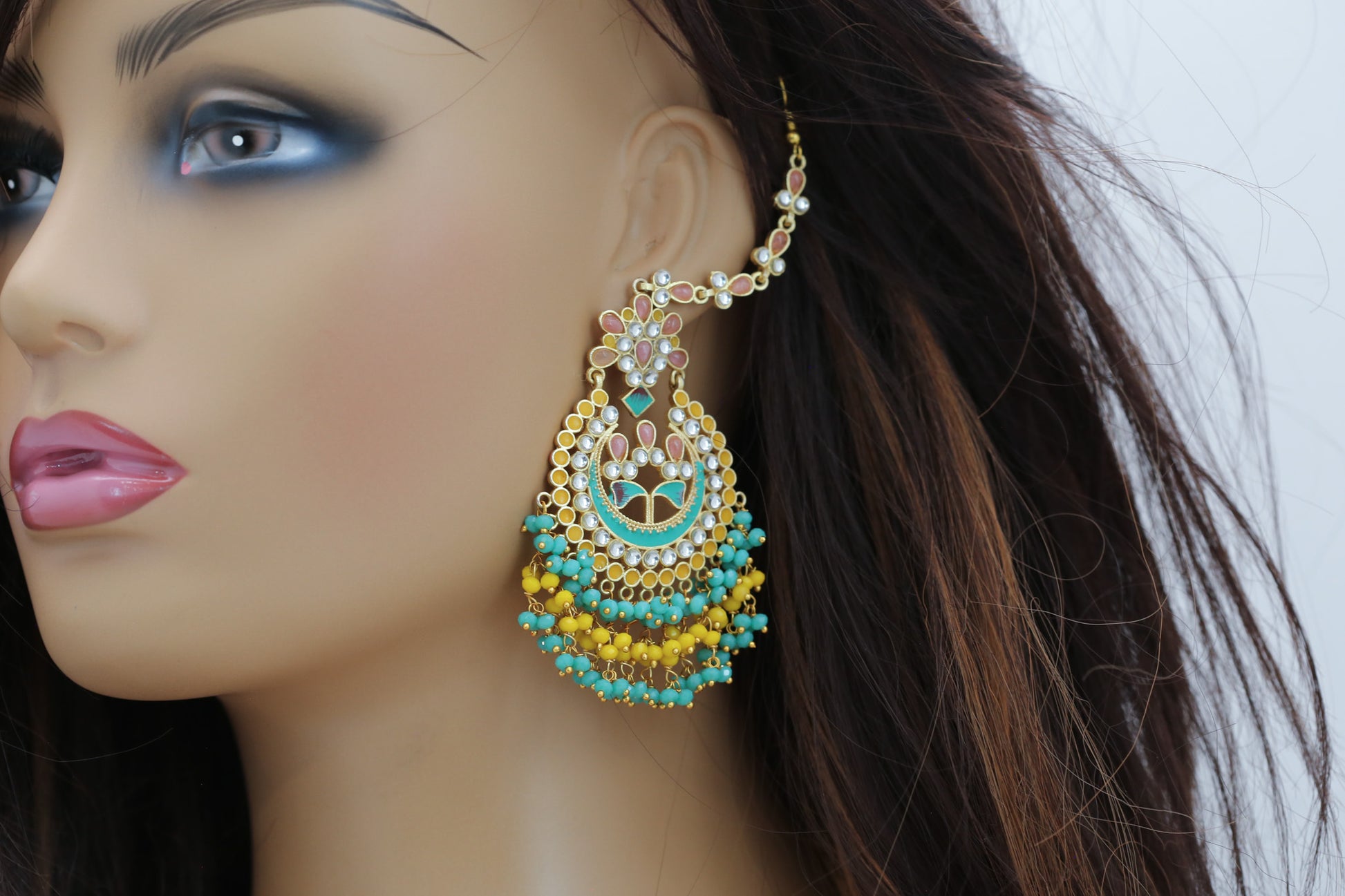 Meenakari Polki Kundan Chandbaali With Earchain & Tika