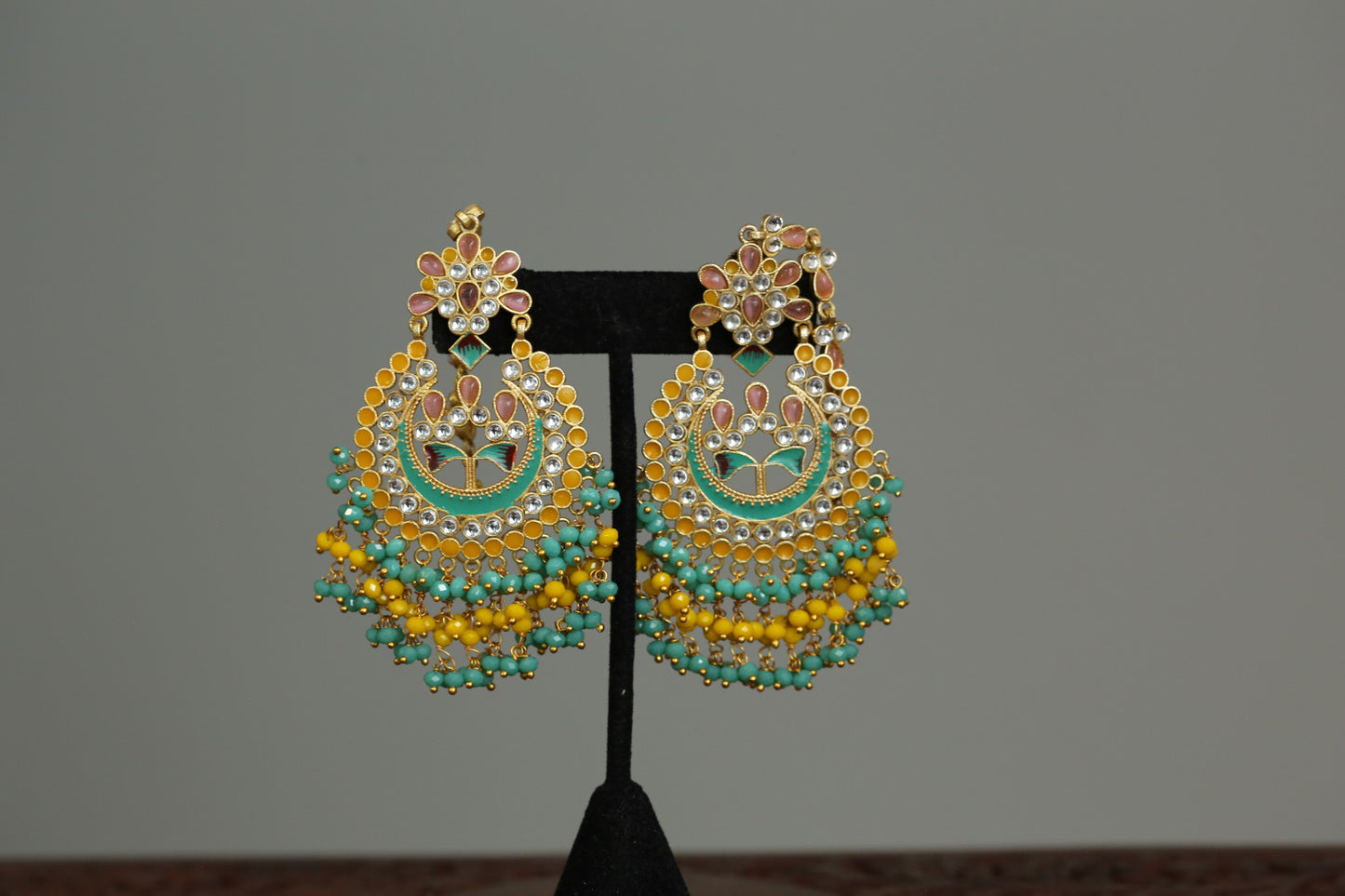 Meenakari Polki Kundan Chandbaali With Earchain & Tika