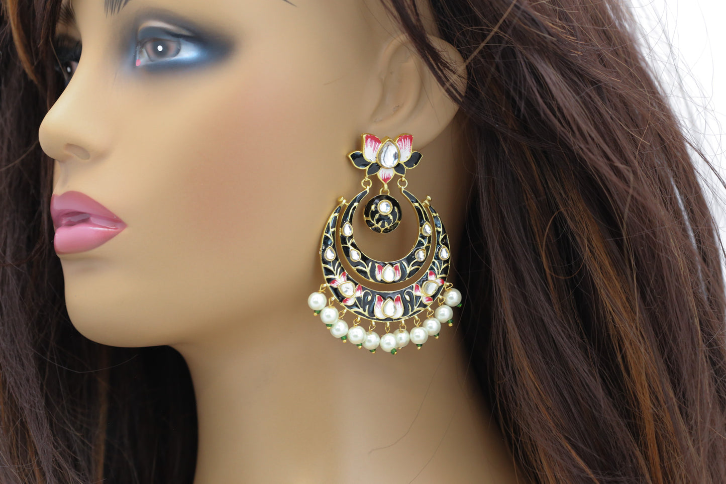 Black Meenakari Polki Kundan Chandbaali