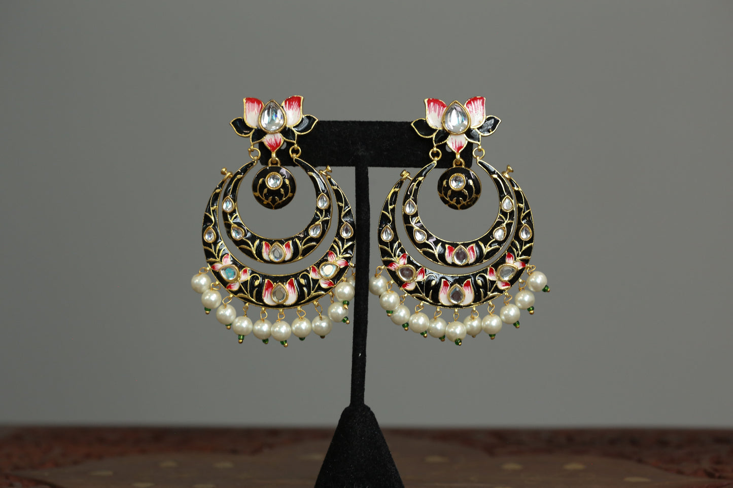 Black Meenakari Polki Kundan Chandbaali