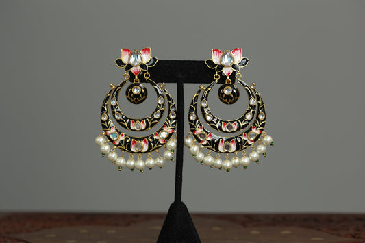 Black Meenakari Polki Kundan Chandbaali