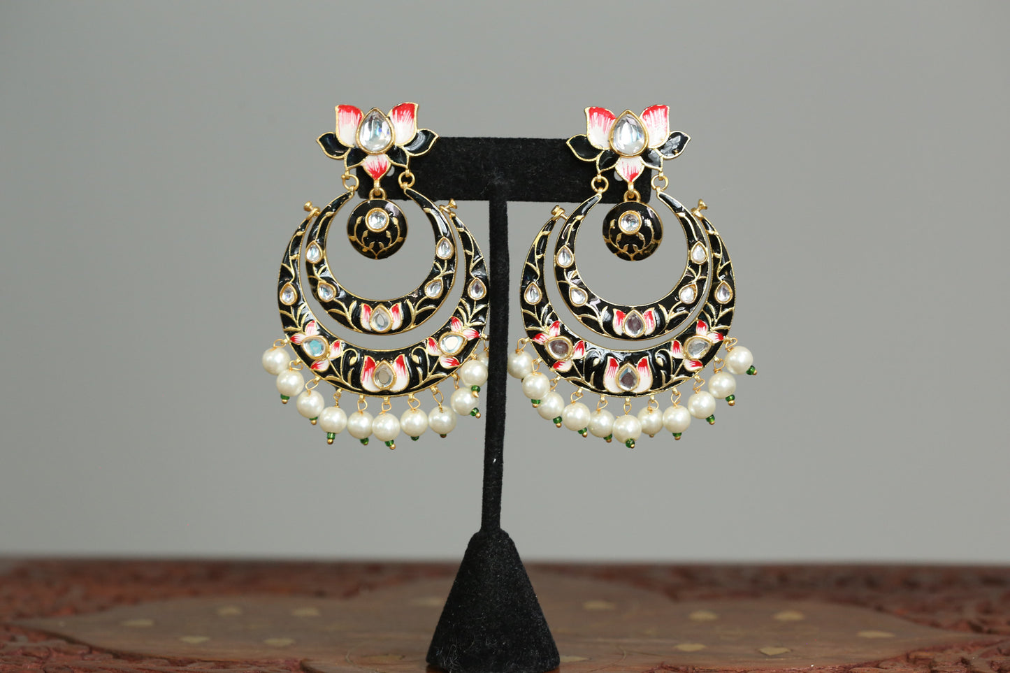 Black Meenakari Polki Kundan Chandbaali