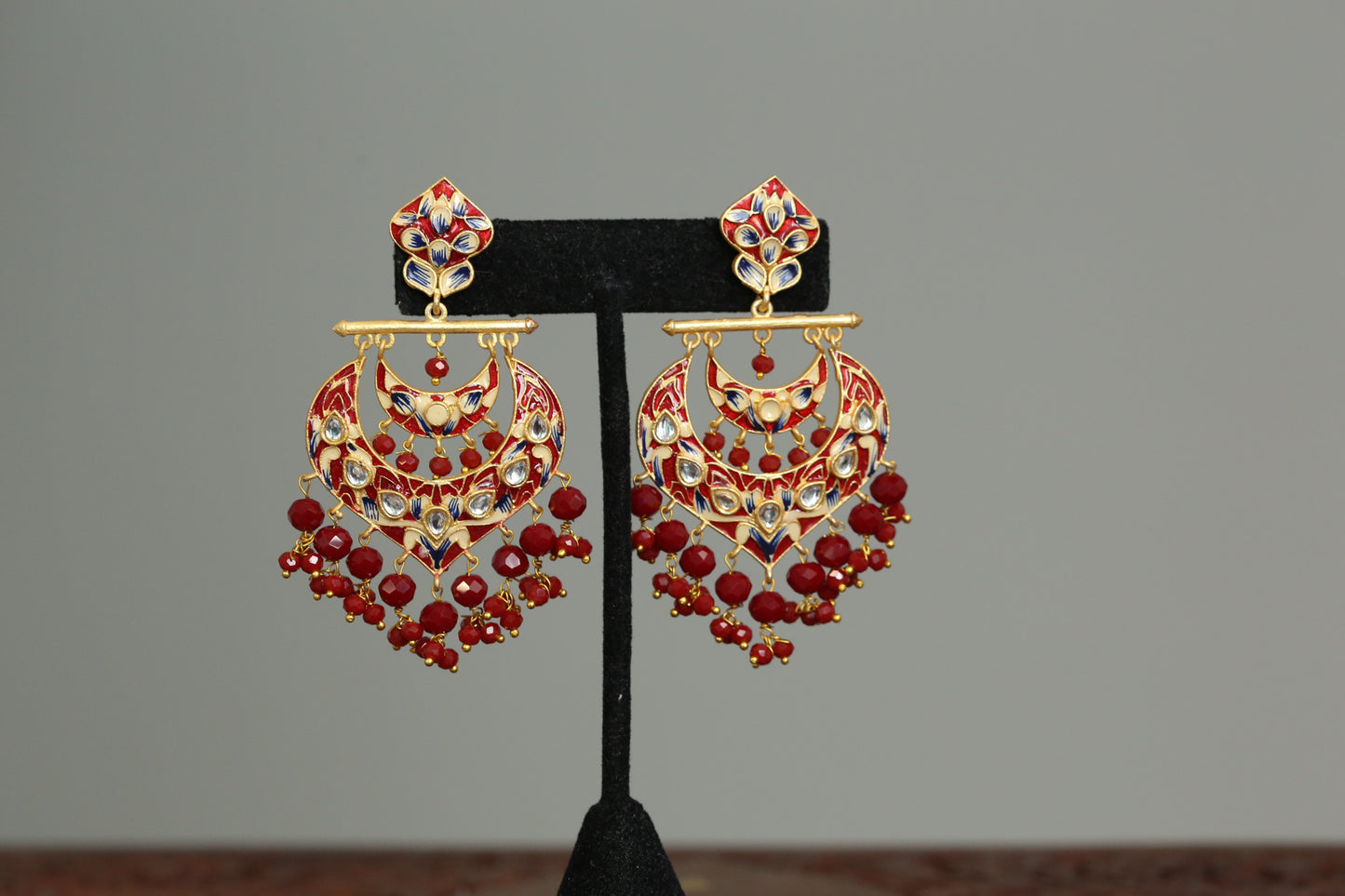 Red Meenakari Polki Kundan Chandbaali
