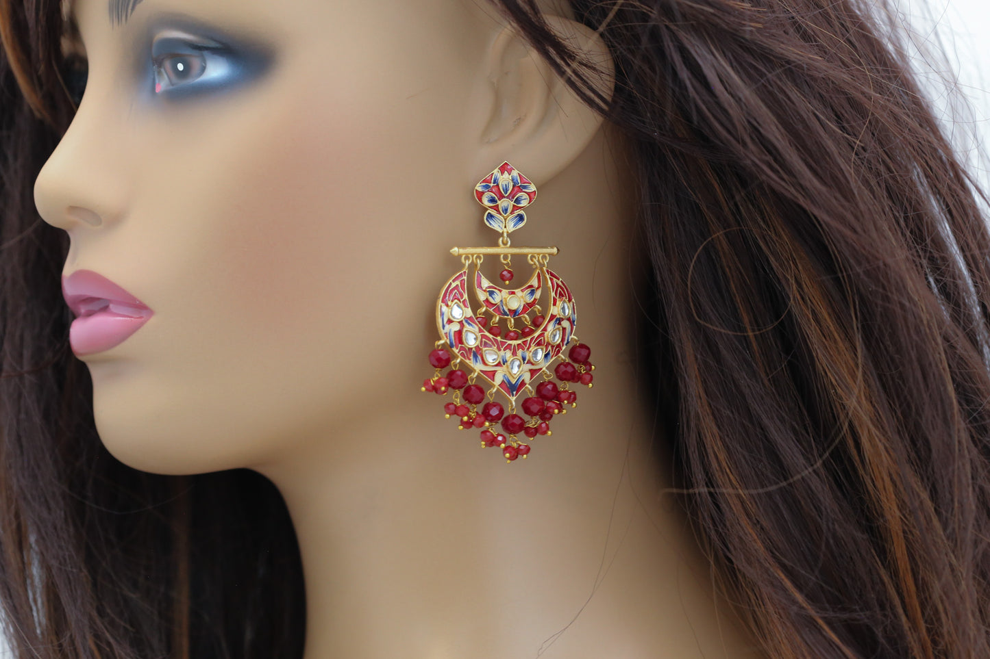 Red Meenakari Polki Kundan Chandbaali
