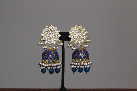 Veera Vintage Gold Takkar Kundan Jhumka - Blue