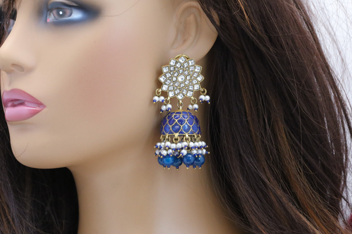 Veera Vintage Gold Takkar Kundan Jhumka - Blue