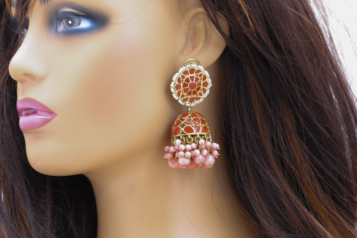 Takkar Kundan Work Coral Jhumka