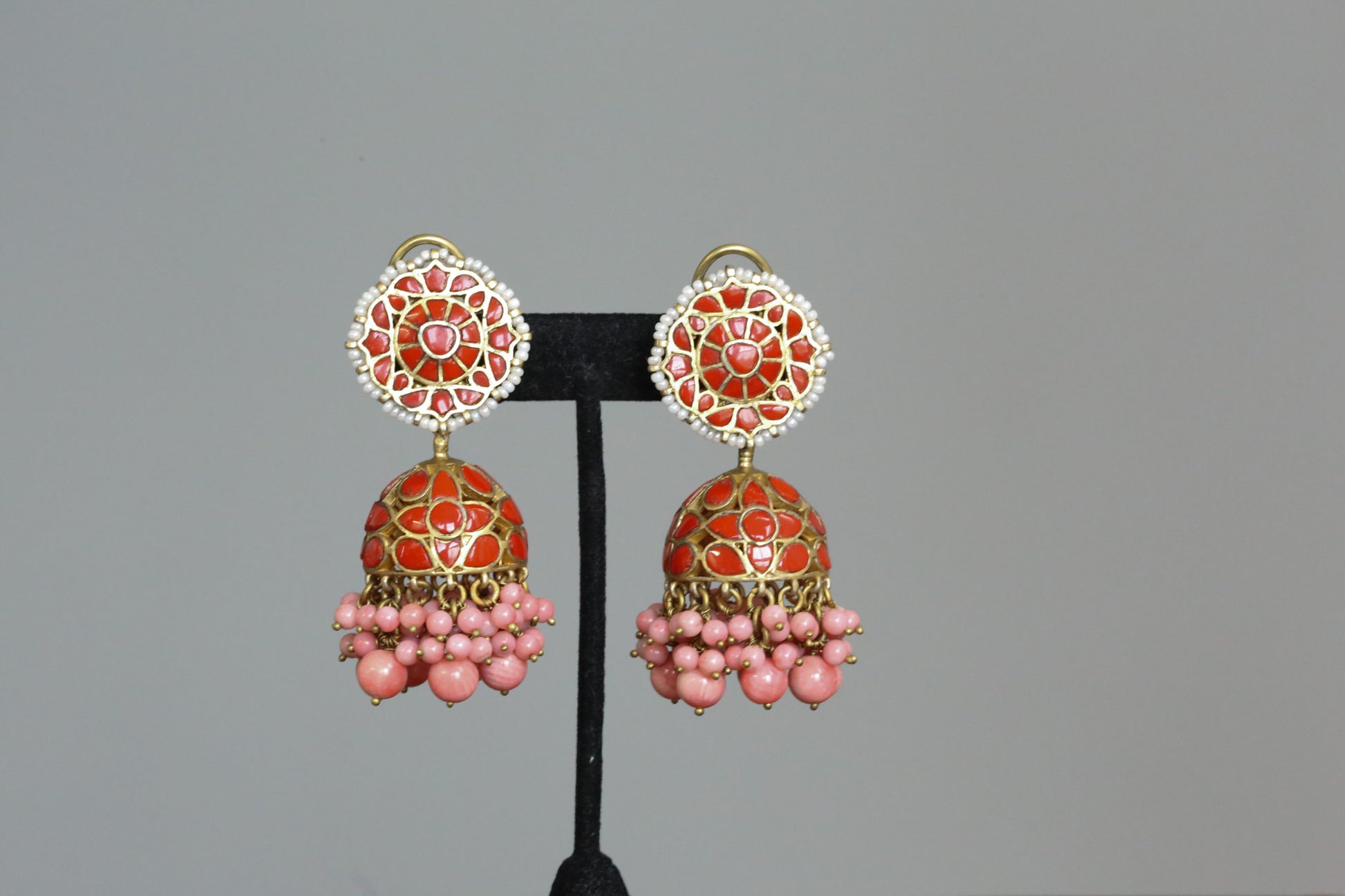 Takkar Kundan Work Coral Jhumka