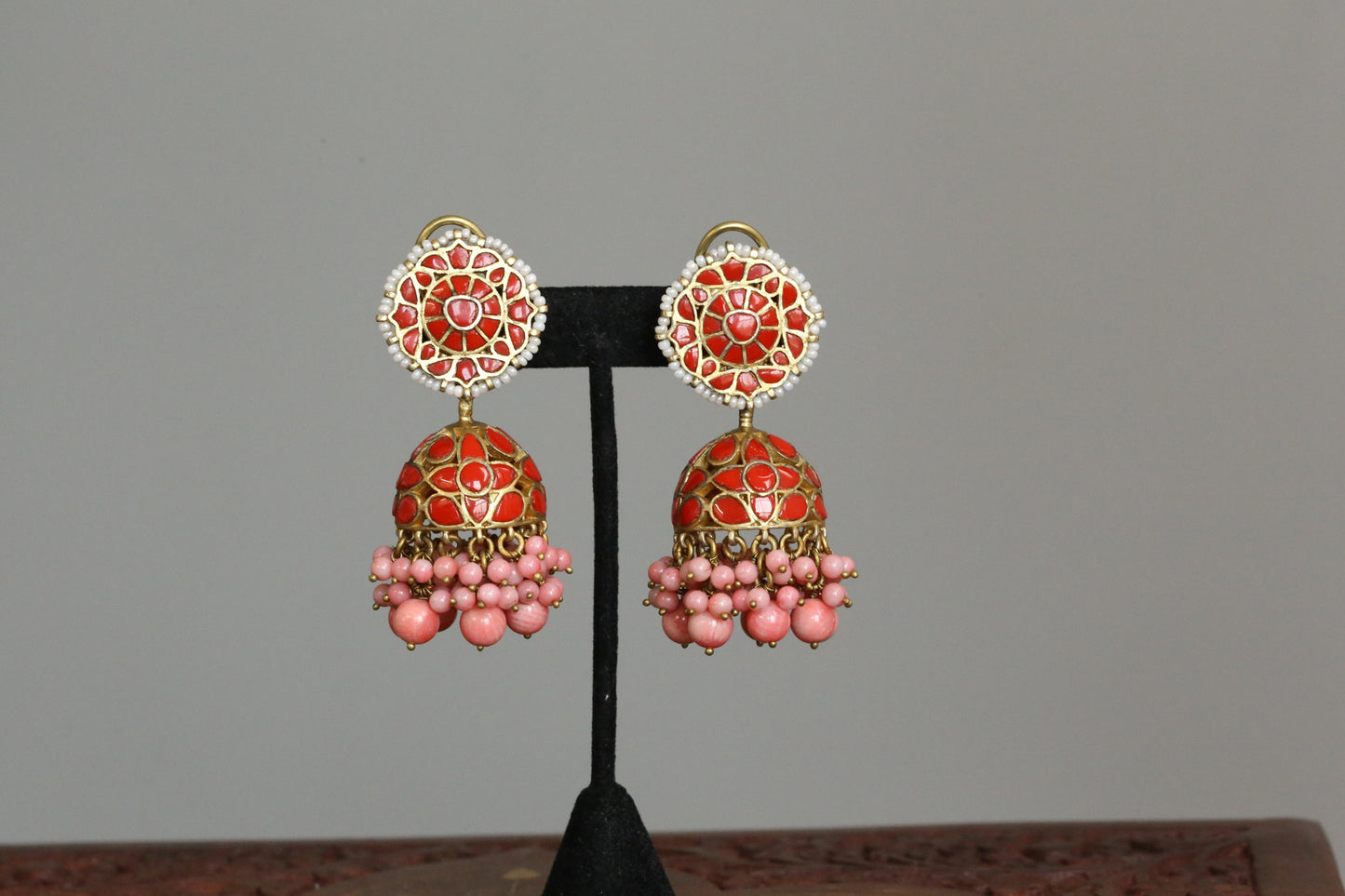 Takkar Kundan Work Coral Jhumka