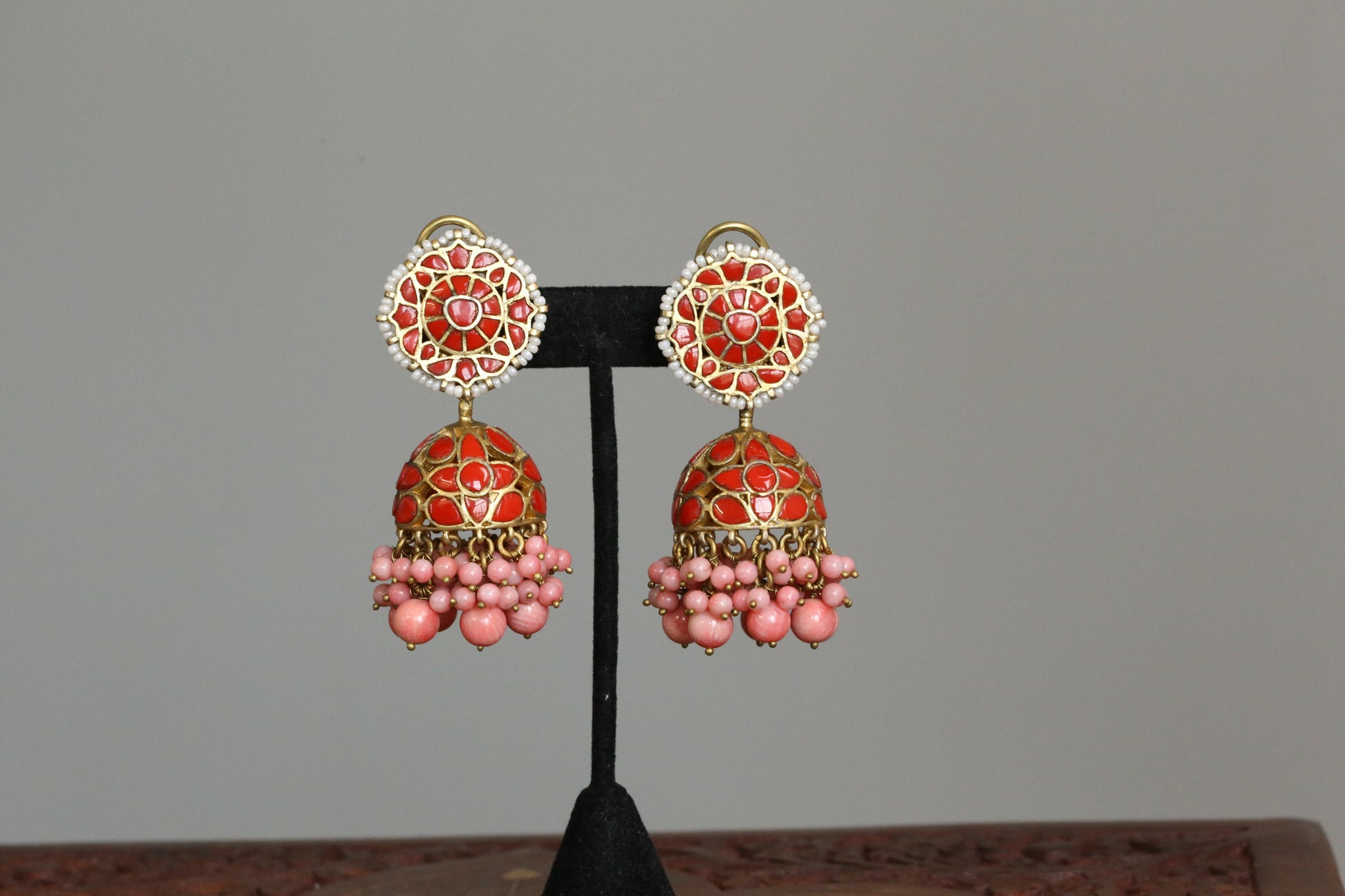 Takkar Kundan Work Coral Jhumka
