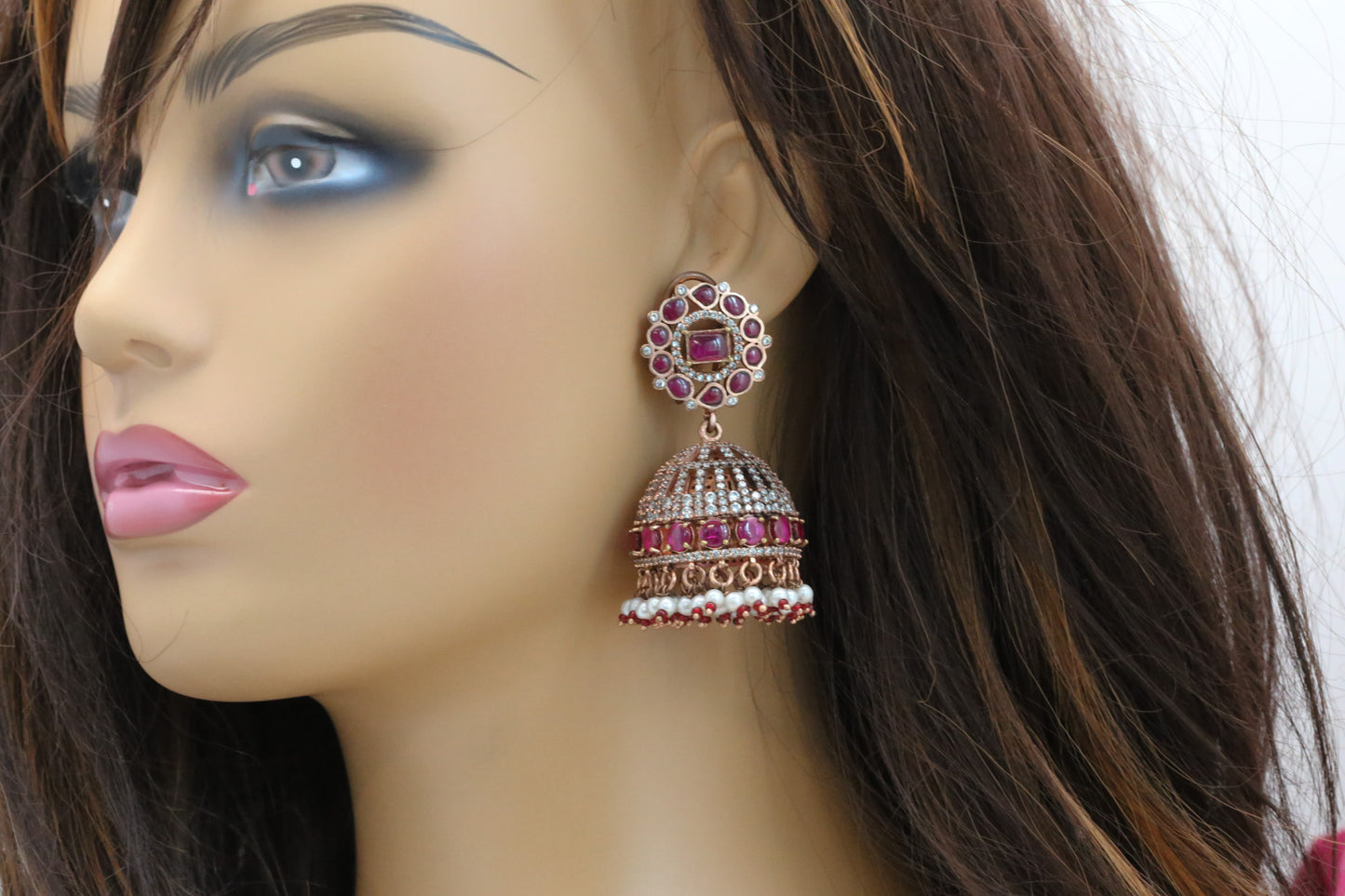 Anandi Jadau Kundan & CZ Rose Gold Jhumka