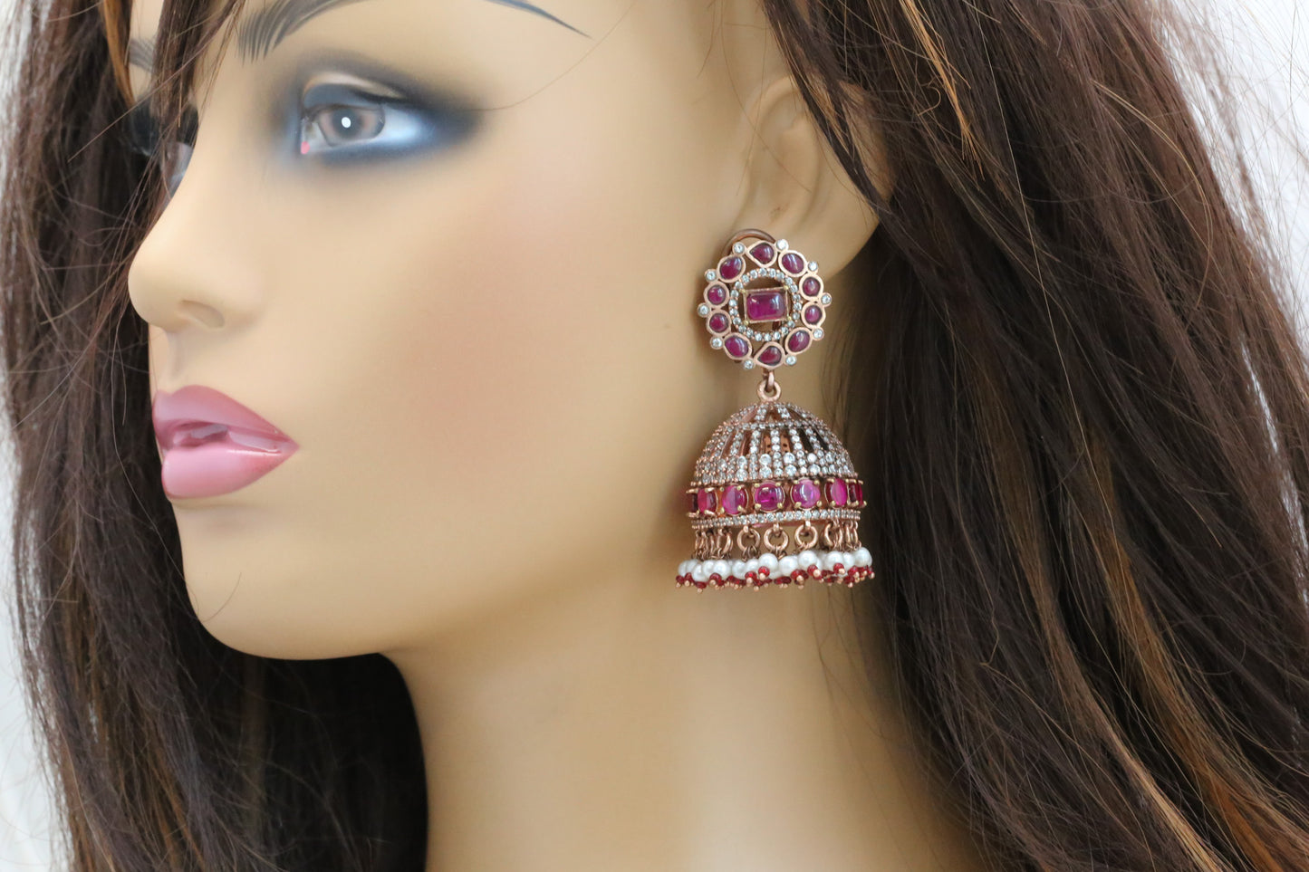 Anandi Jadau Kundan & CZ Rose Gold Jhumka
