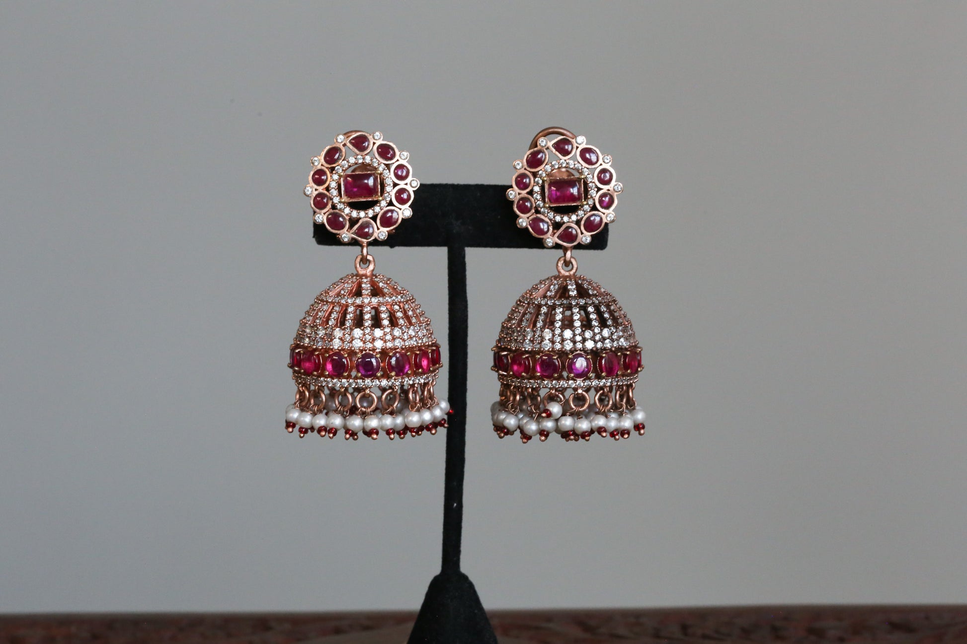 Anandi Jadau Kundan & CZ Rose Gold Jhumka