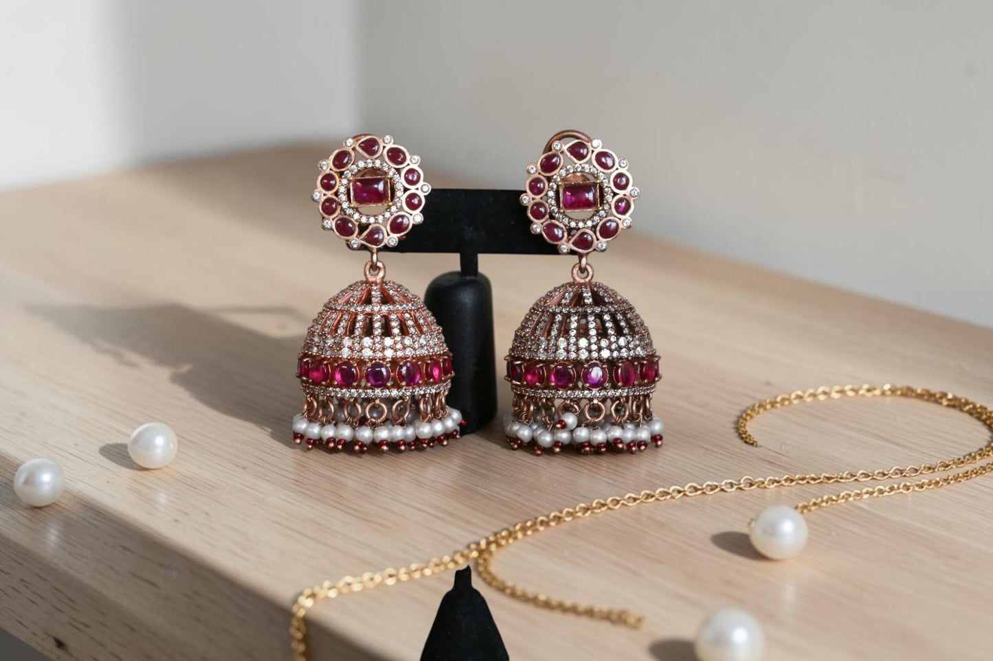 Anandi Jadau Kundan & CZ Rose Gold Jhumka