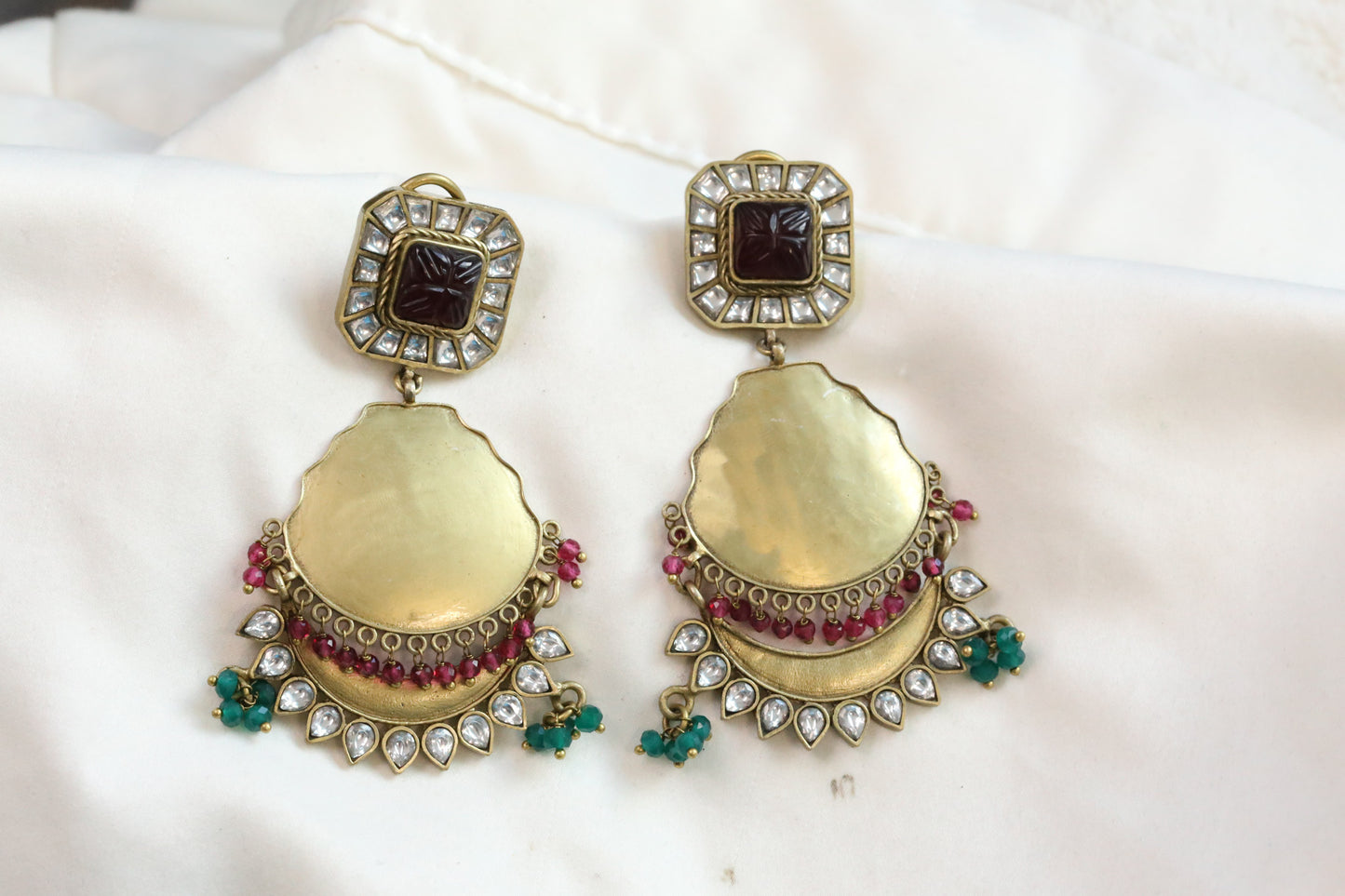 Contemporary Matt Gold Carved Rhodolite  Kundan Chandbaali