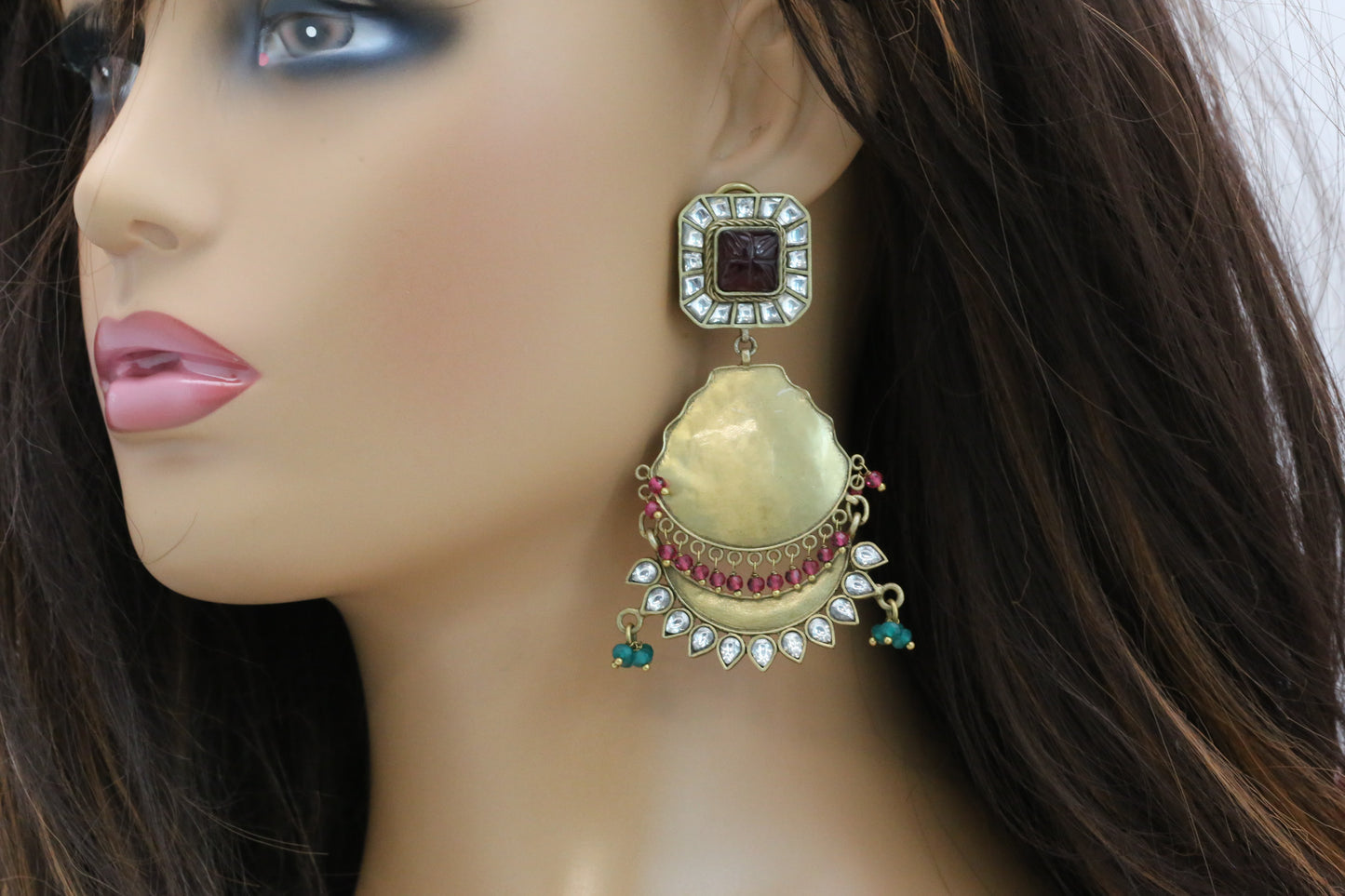 Contemporary Matt Gold Carved Rhodolite  Kundan Chandbaali