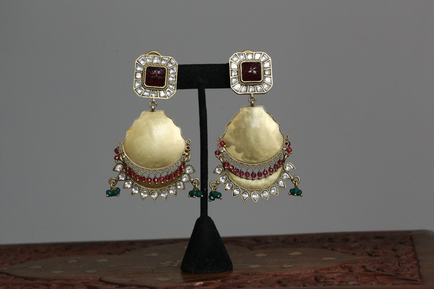 Contemporary Matt Gold Carved Rhodolite  Kundan Chandbaali