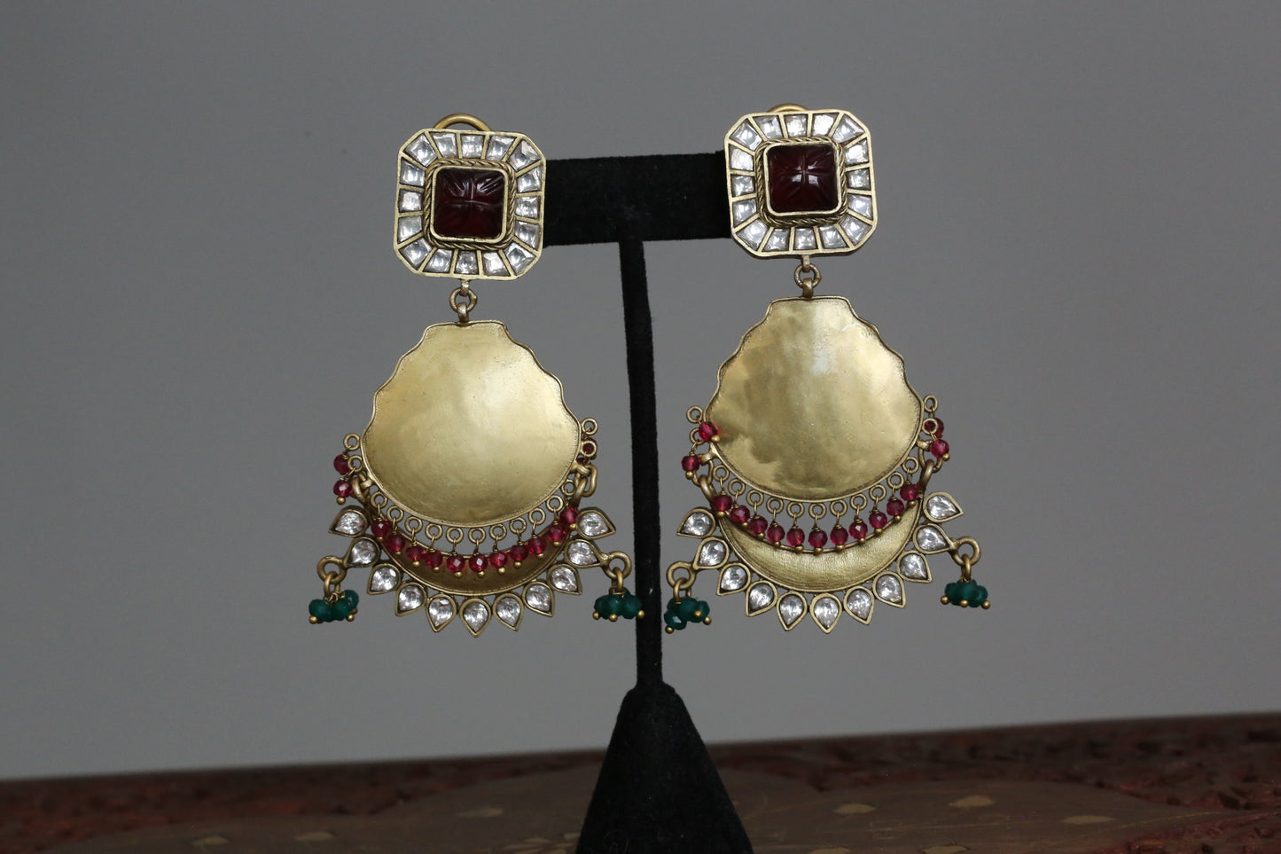 Contemporary Matt Gold Carved Rhodolite  Kundan Chandbaali