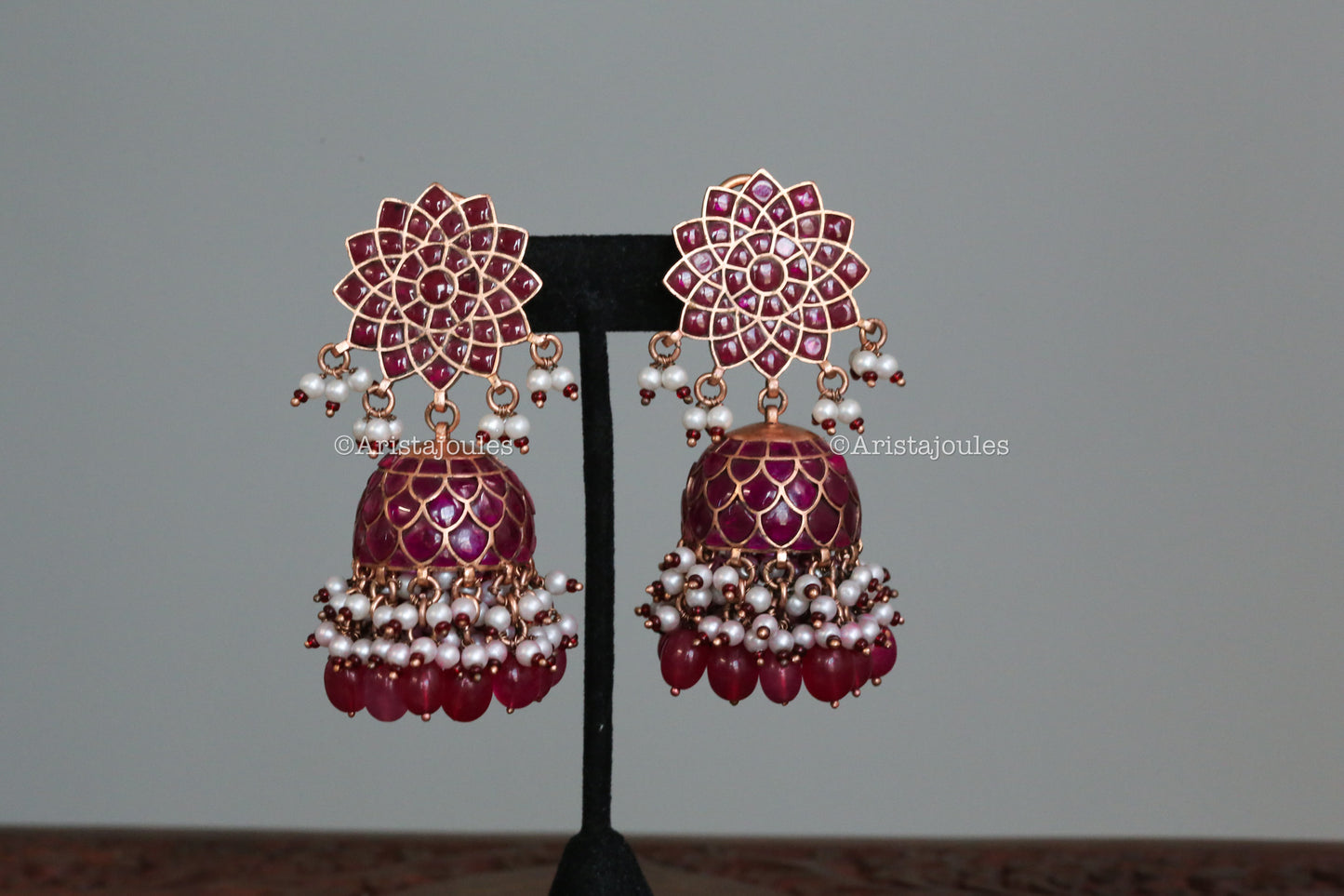 Veera Vintage Gold Takkar Kundan Jhumka - Ruby (Rose Gold)