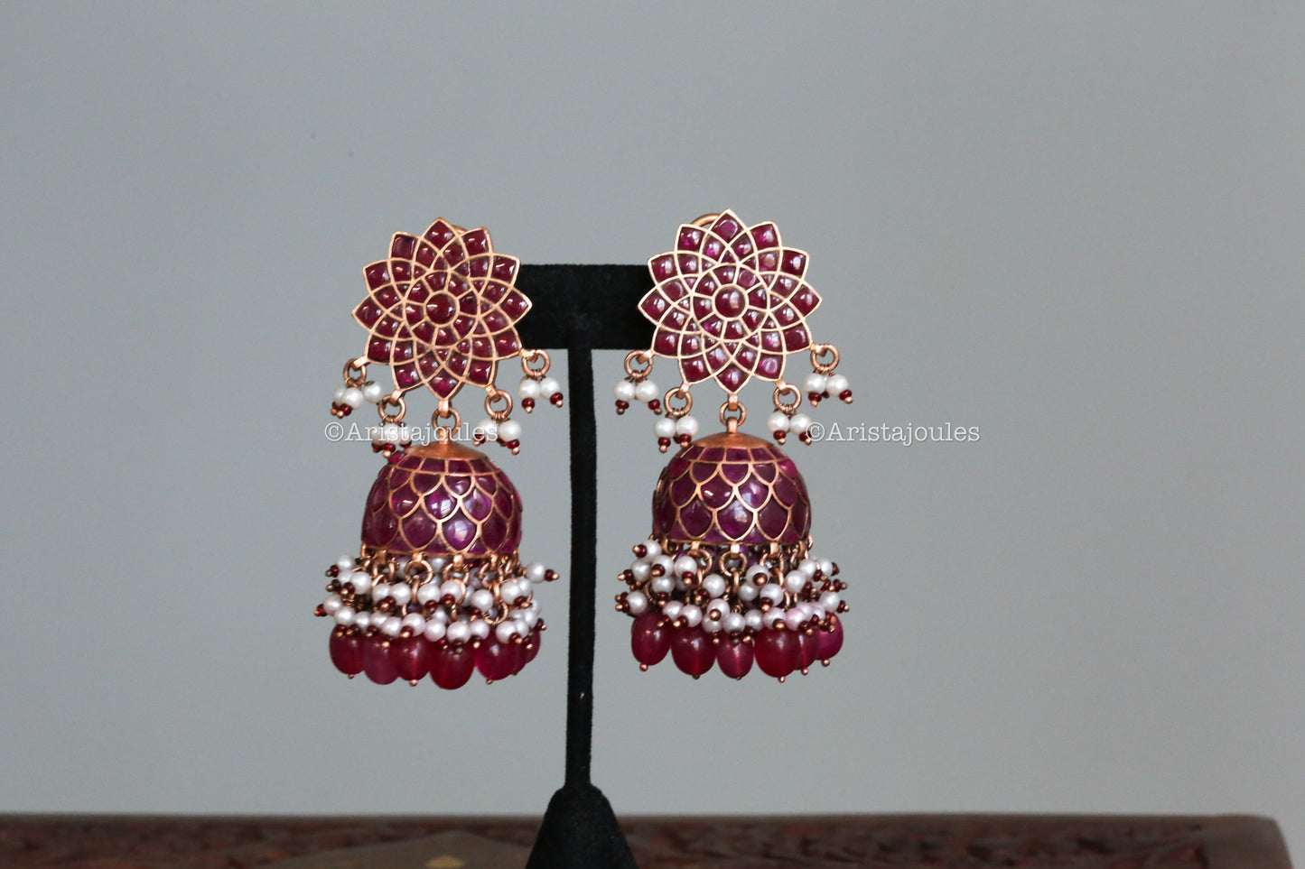 Veera Vintage Gold Takkar Kundan Jhumka - Ruby (Rose Gold)