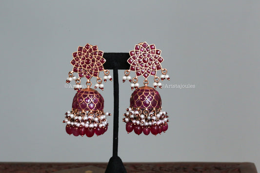 Veera Vintage Gold Takkar Kundan Jhumka - Ruby (Rose Gold)