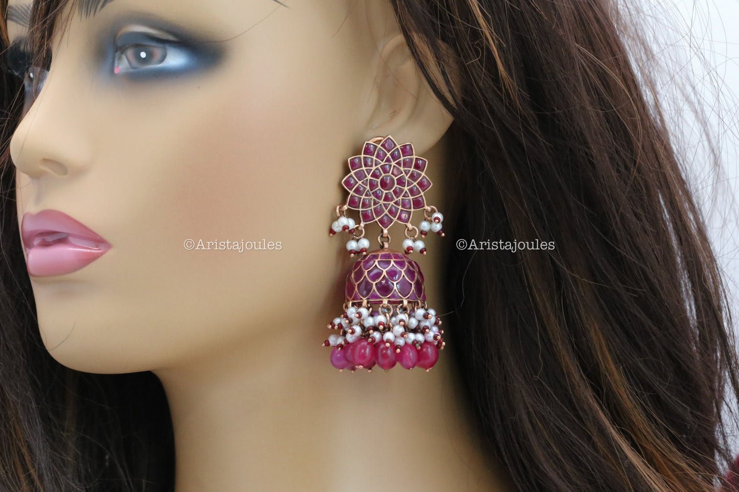 Veera Vintage Gold Takkar Kundan Jhumka - Ruby (Rose Gold)