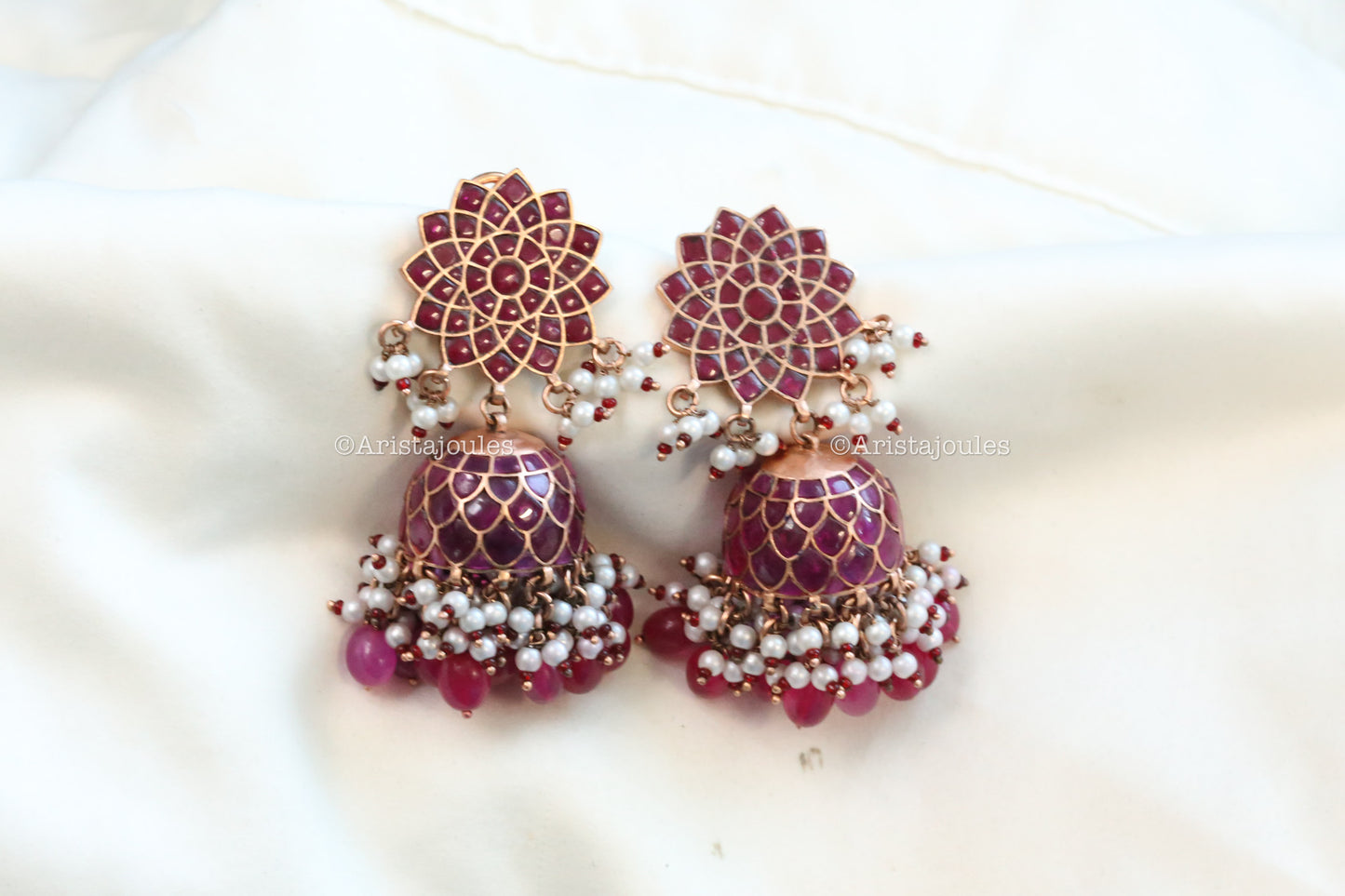 Veera Vintage Gold Takkar Kundan Jhumka - Ruby (Rose Gold)