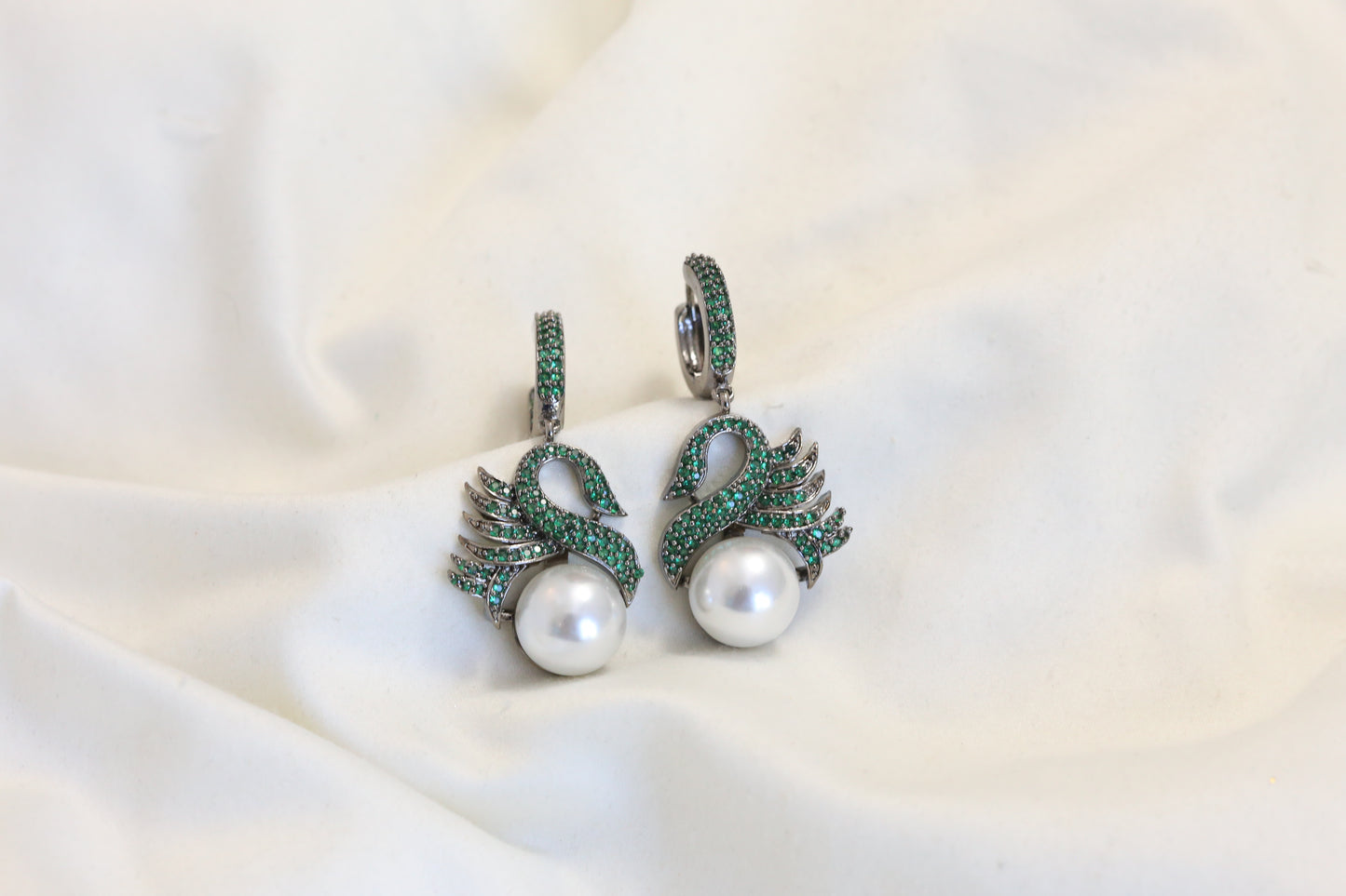 Premium Pave Setting CZ Swan Earrings - Green