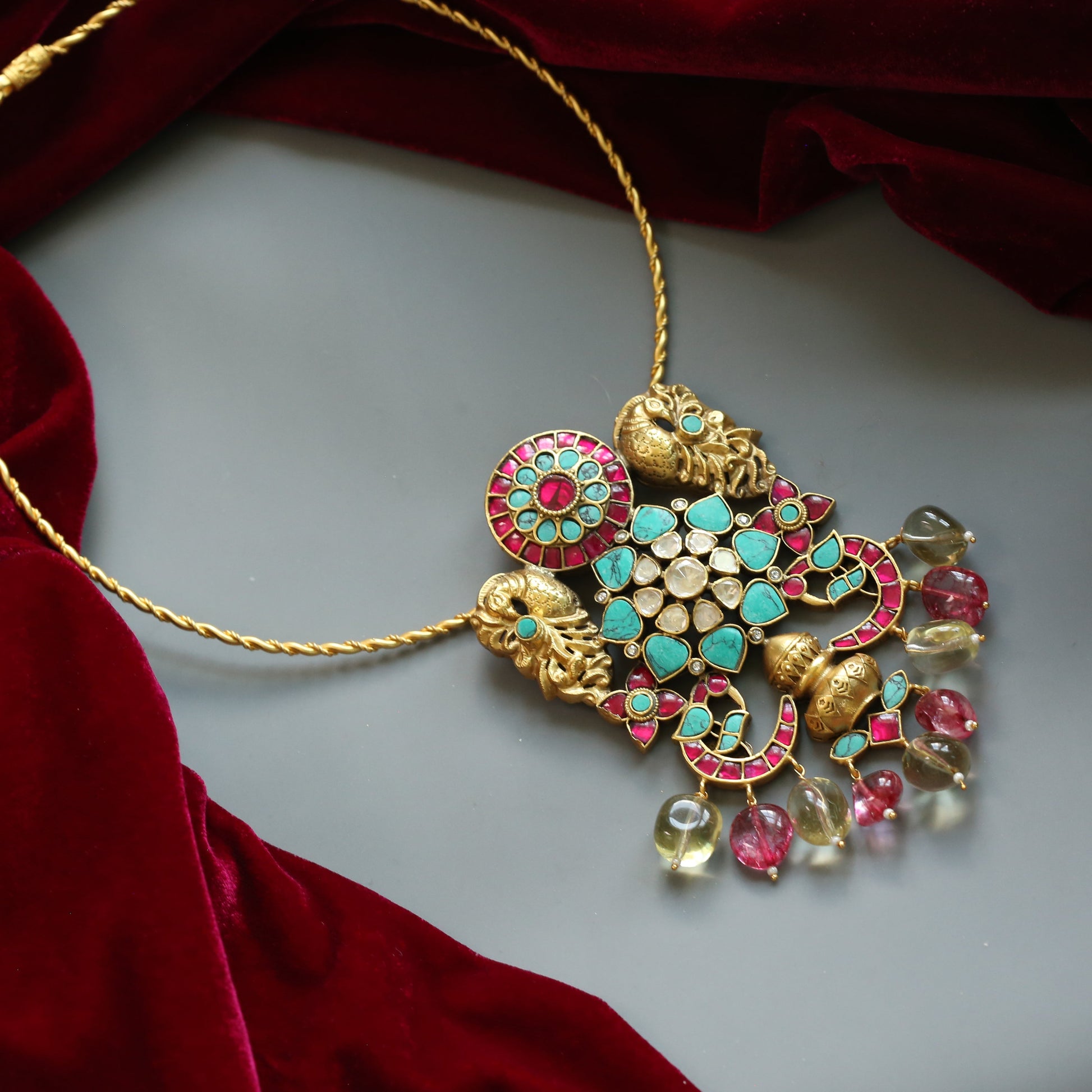 Firoza Fusion Jadau & Moissanite Pendant Necklace (Removable Pendant)
