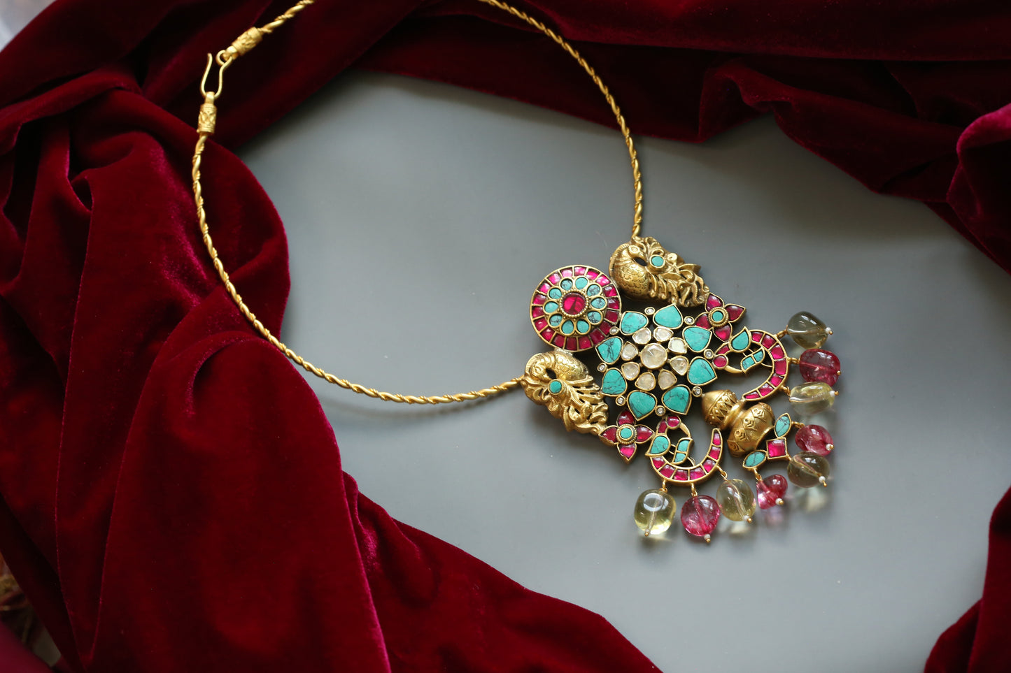 Firoza Fusion Jadau & Moissanite Pendant Necklace (Removable Pendant)