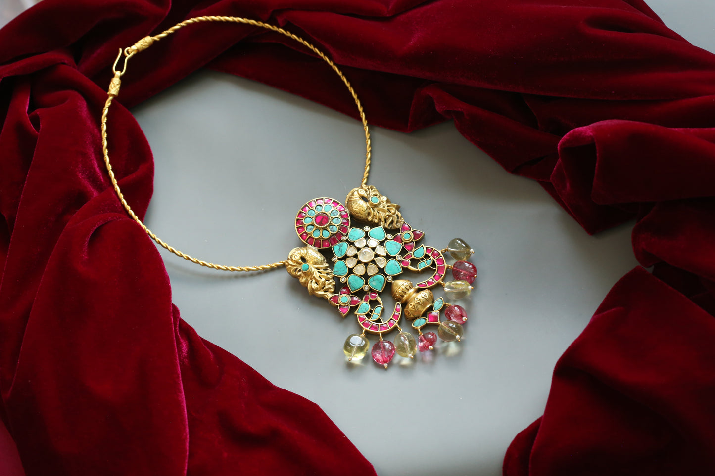 Firoza Fusion Jadau & Moissanite Pendant Necklace (Removable Pendant)