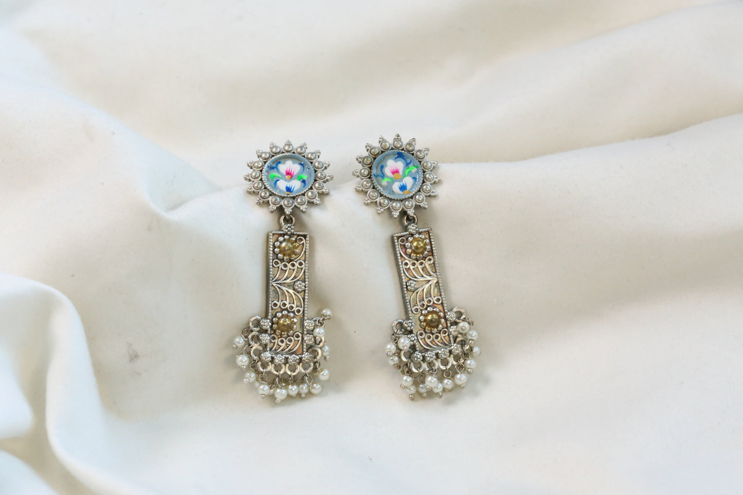 Meenakari Dualtone Chandbaali -Gray