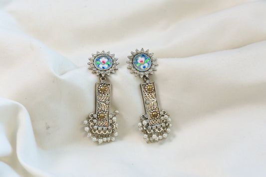 Meenakari Dualtone Chandbaali -Gray