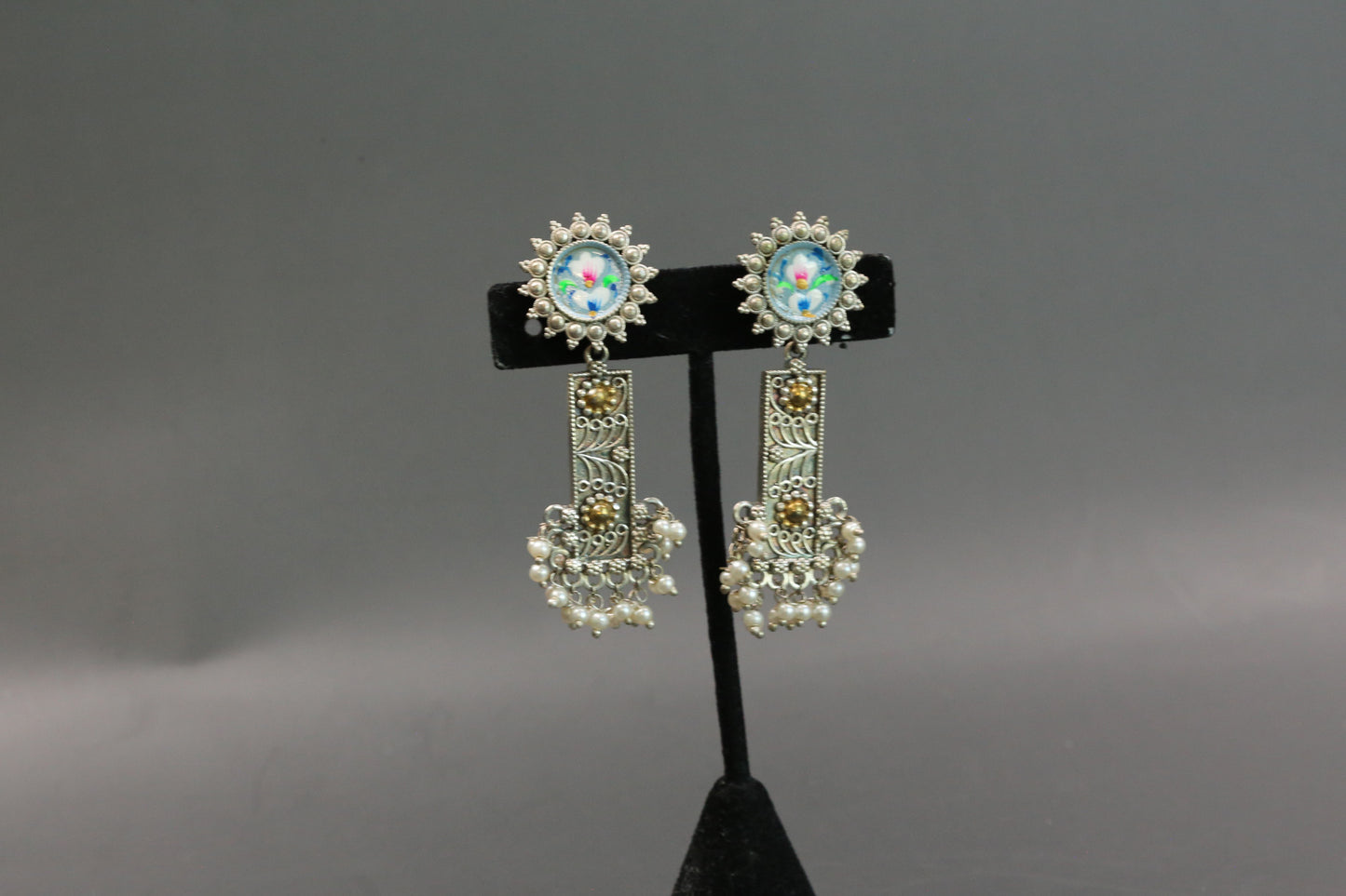 Meenakari Dualtone Chandbaali -Gray