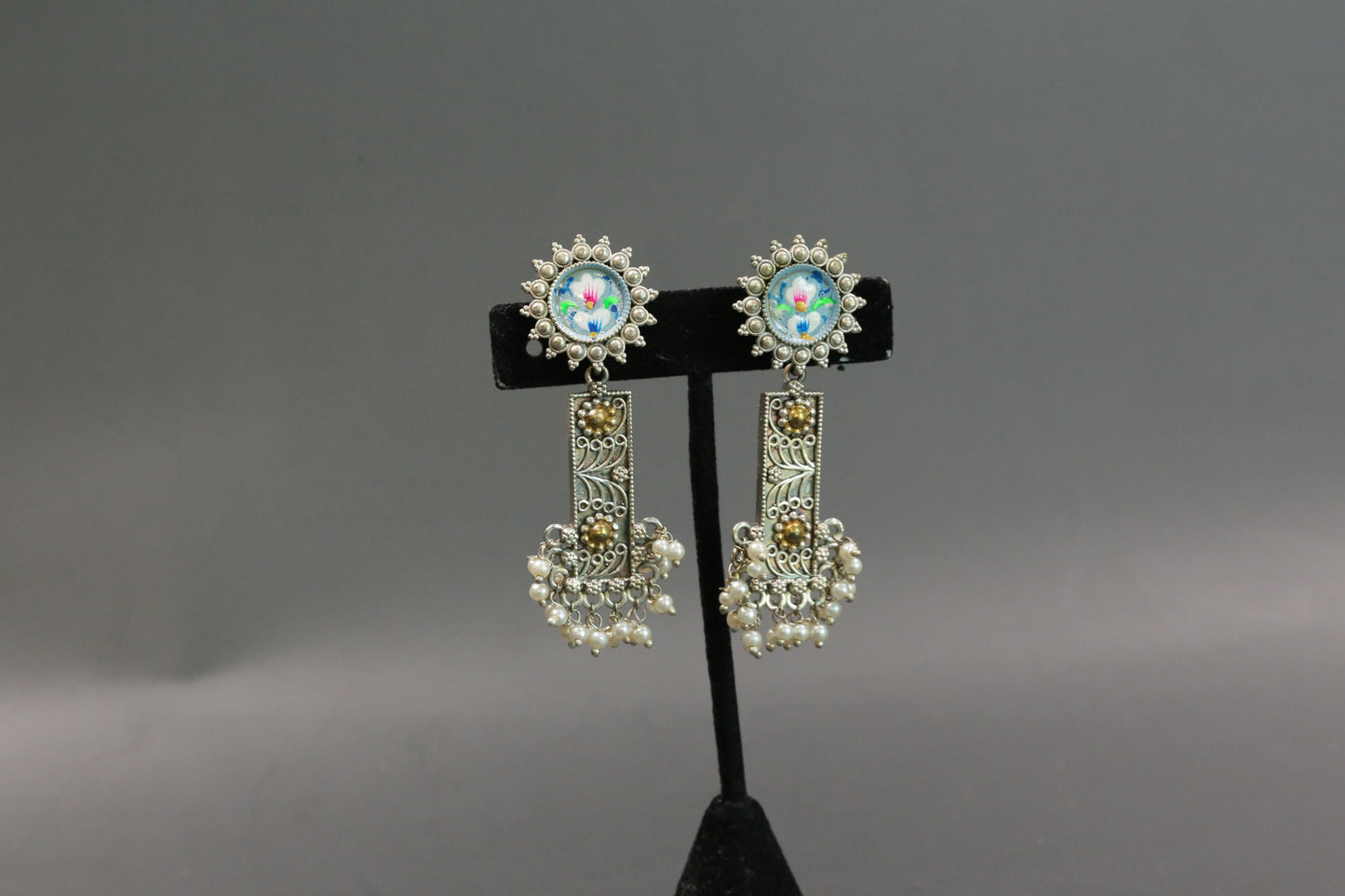 Meenakari Dualtone Chandbaali -Gray