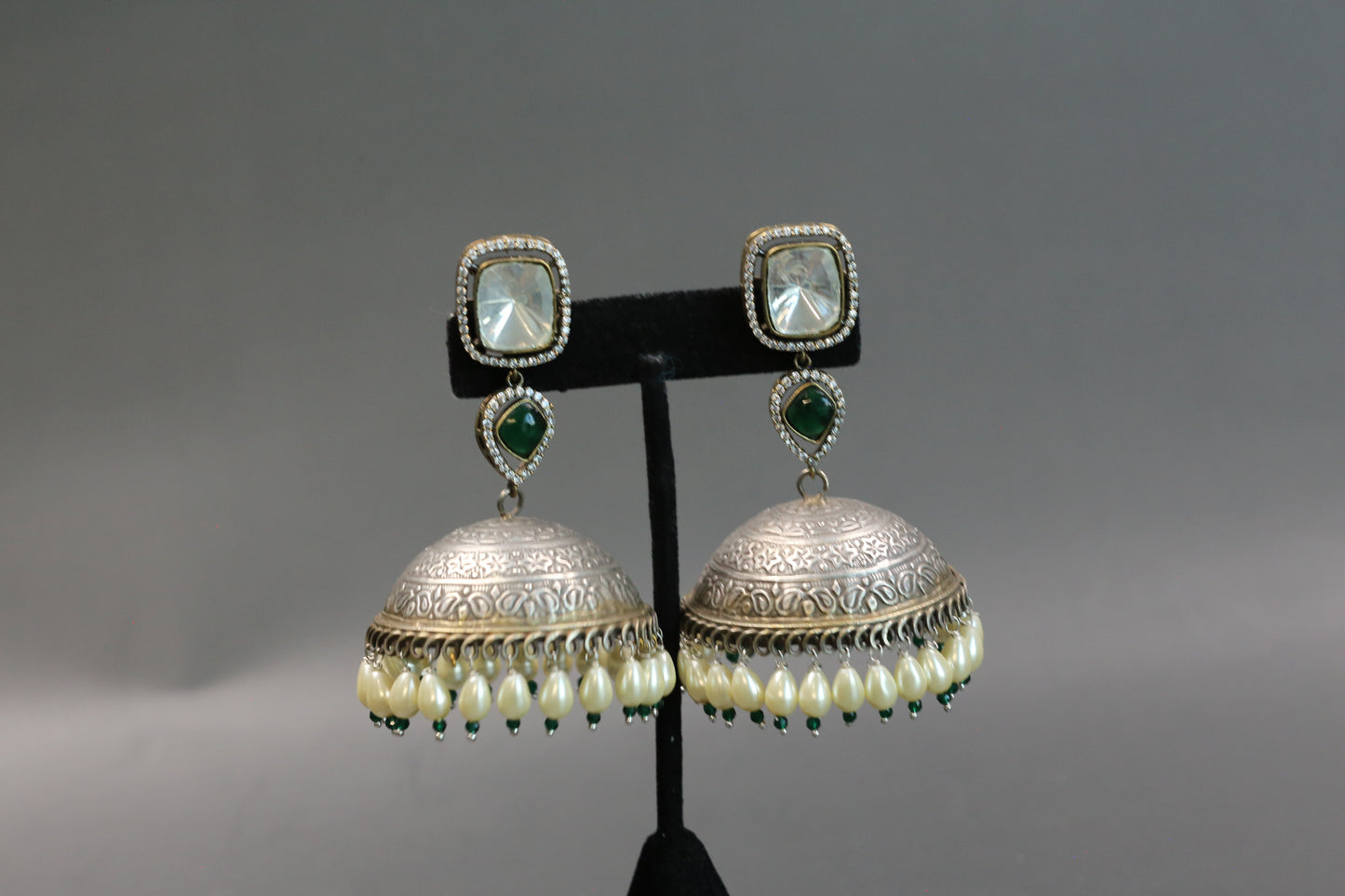 Large Kundan Fusion Jhumka- Green