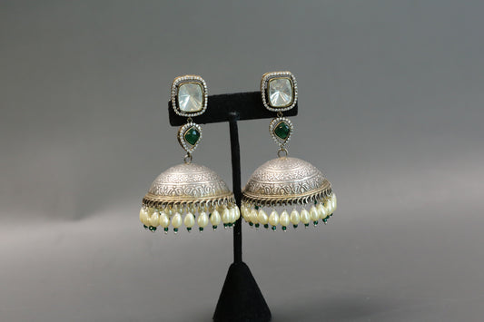 Large Kundan Fusion Jhumka- Green