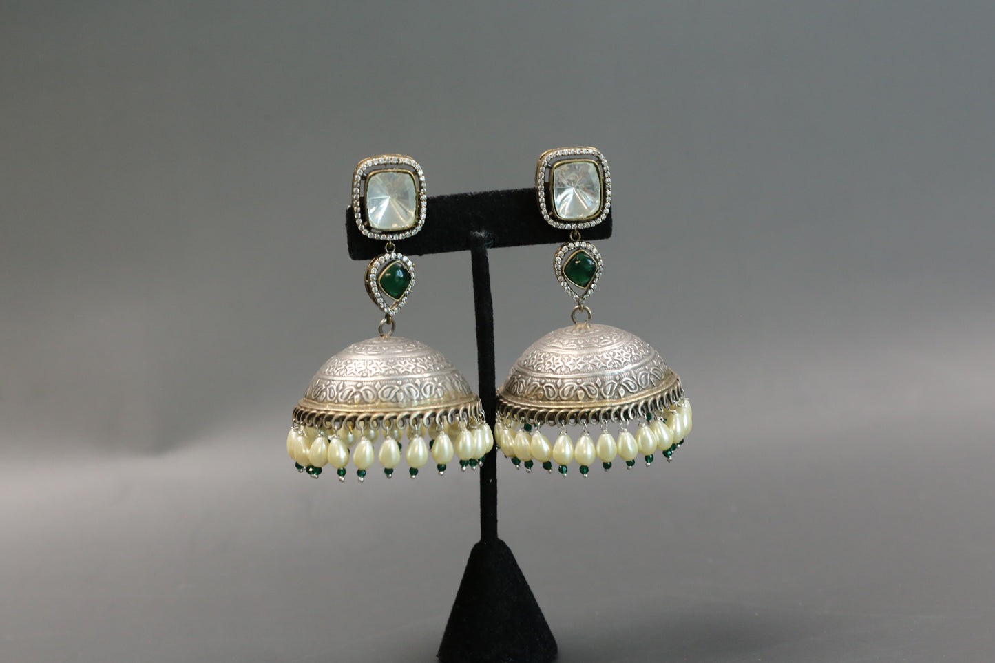 Large Kundan Fusion Jhumka- Green