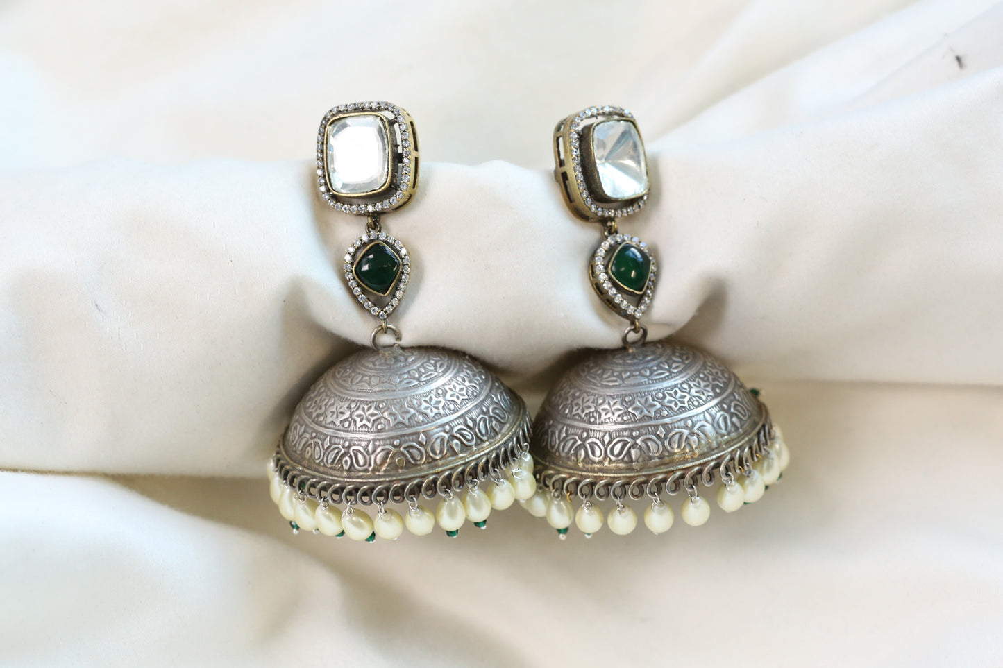 Large Kundan Fusion Jhumka- Green