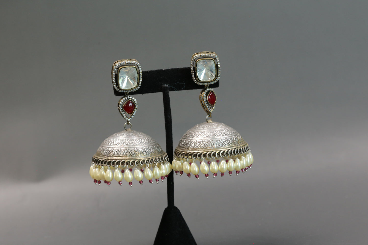Large Kundan Fusion Jhumka- Red