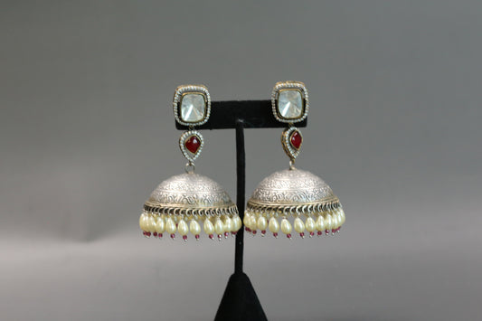 Large Kundan Fusion Jhumka- Red