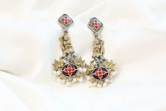 Dancing Girl Fusion Kundan Earrings - Coral